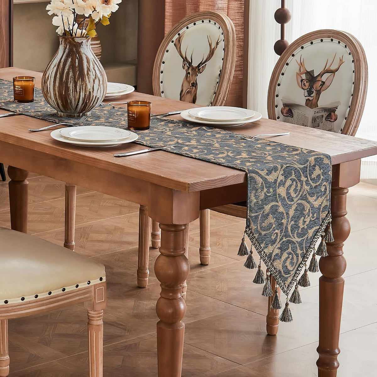 Loom and Mill Chenille Damask Table Runner 72 inches Long, Blue-Grey+Khaki | Classic Elegant Acanthus Jacquard Table