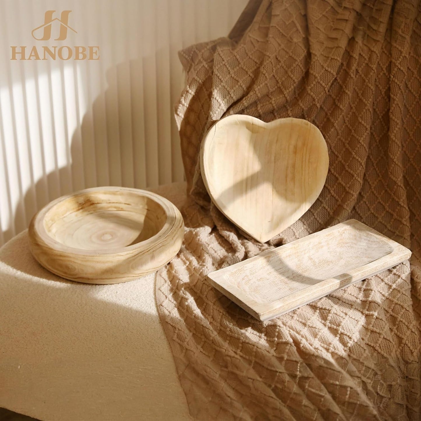 Decorative Wood Dough Bowl / White Washed / Set of 14