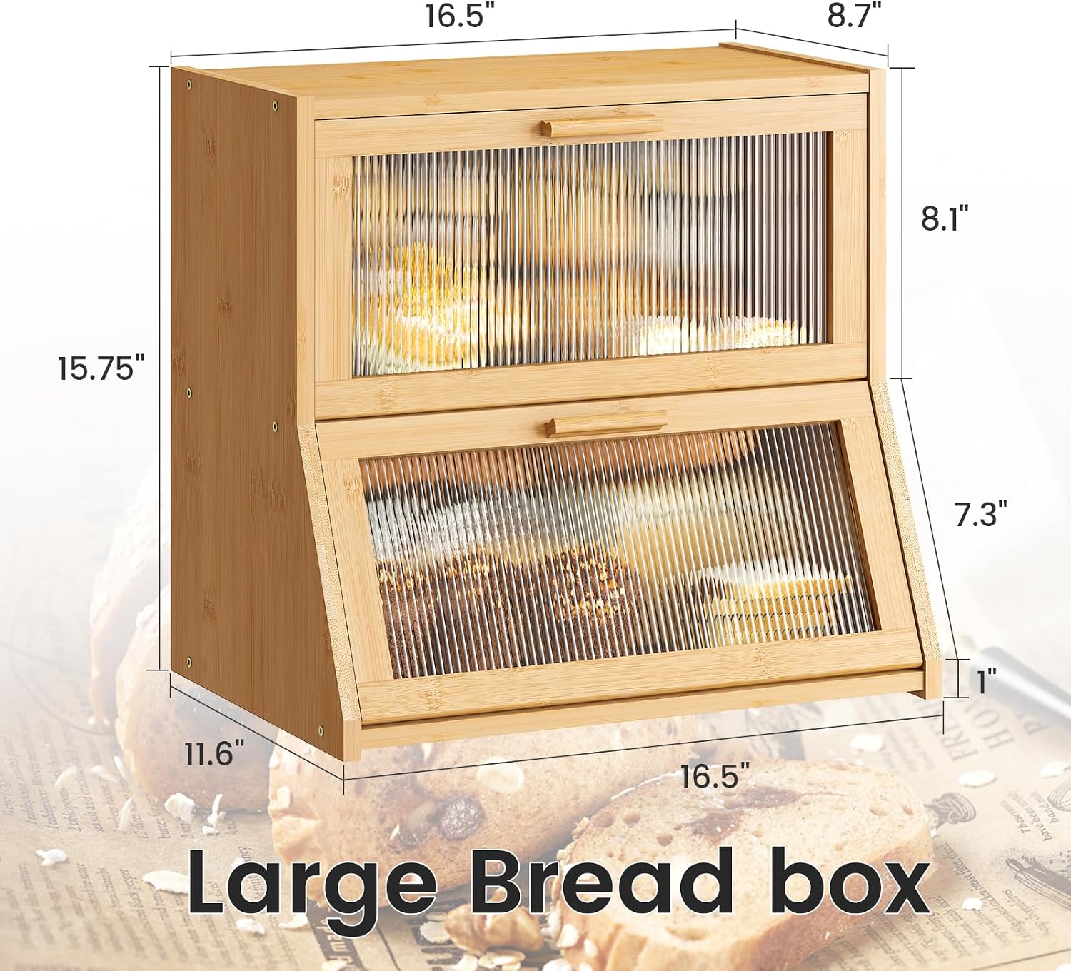 GHWIE Double Layer Bamboo Bread Box for Kitchen Counter,Large Capacity Bread Storage Bin,Bread Container with Acrylic