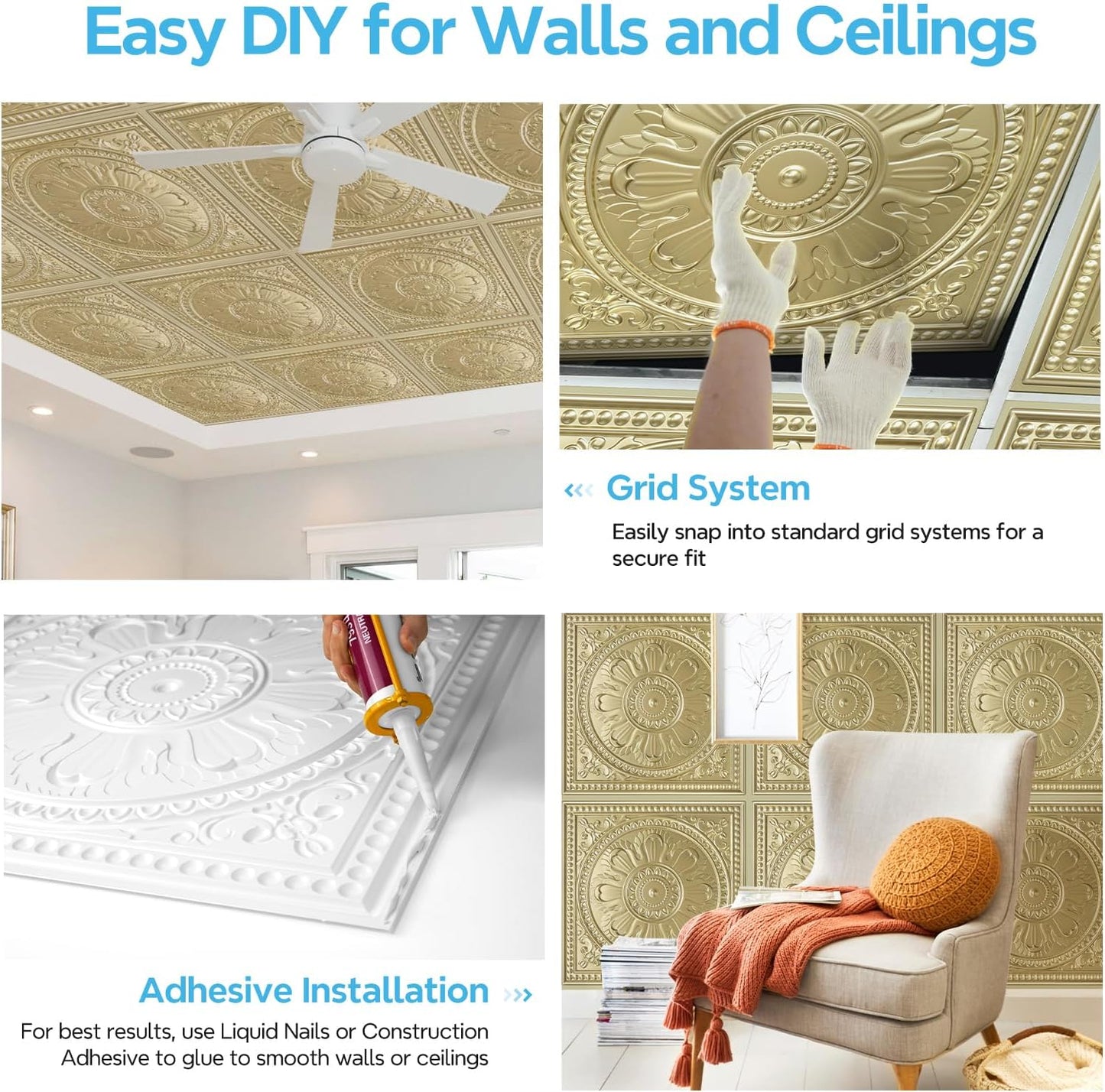 STICKGOO Drop Ceiling Tiles 24"x24", PVC Panels Waterproof Reusable, Covers 48 Sq.Ft., Baroque Decorative Ceiling Tiles