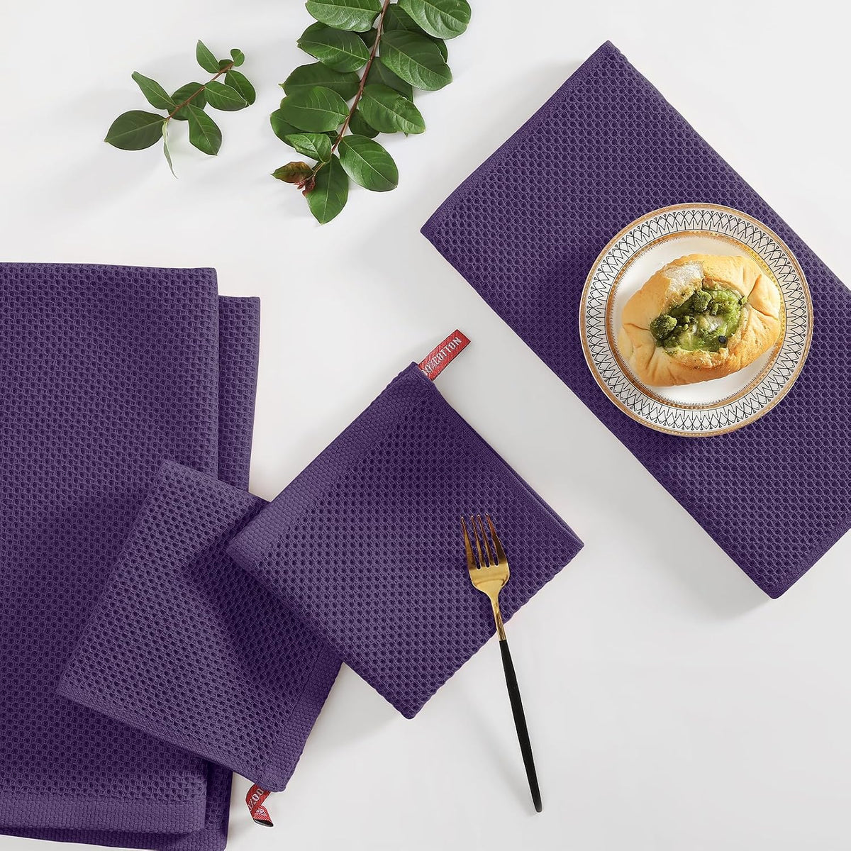 Homaxy 12 Pack 100% Cotton Kitchen Towels and Dishcloths Set, Eggplant | 12 x 12 Inches and 13 x 28 Inches Kitchen