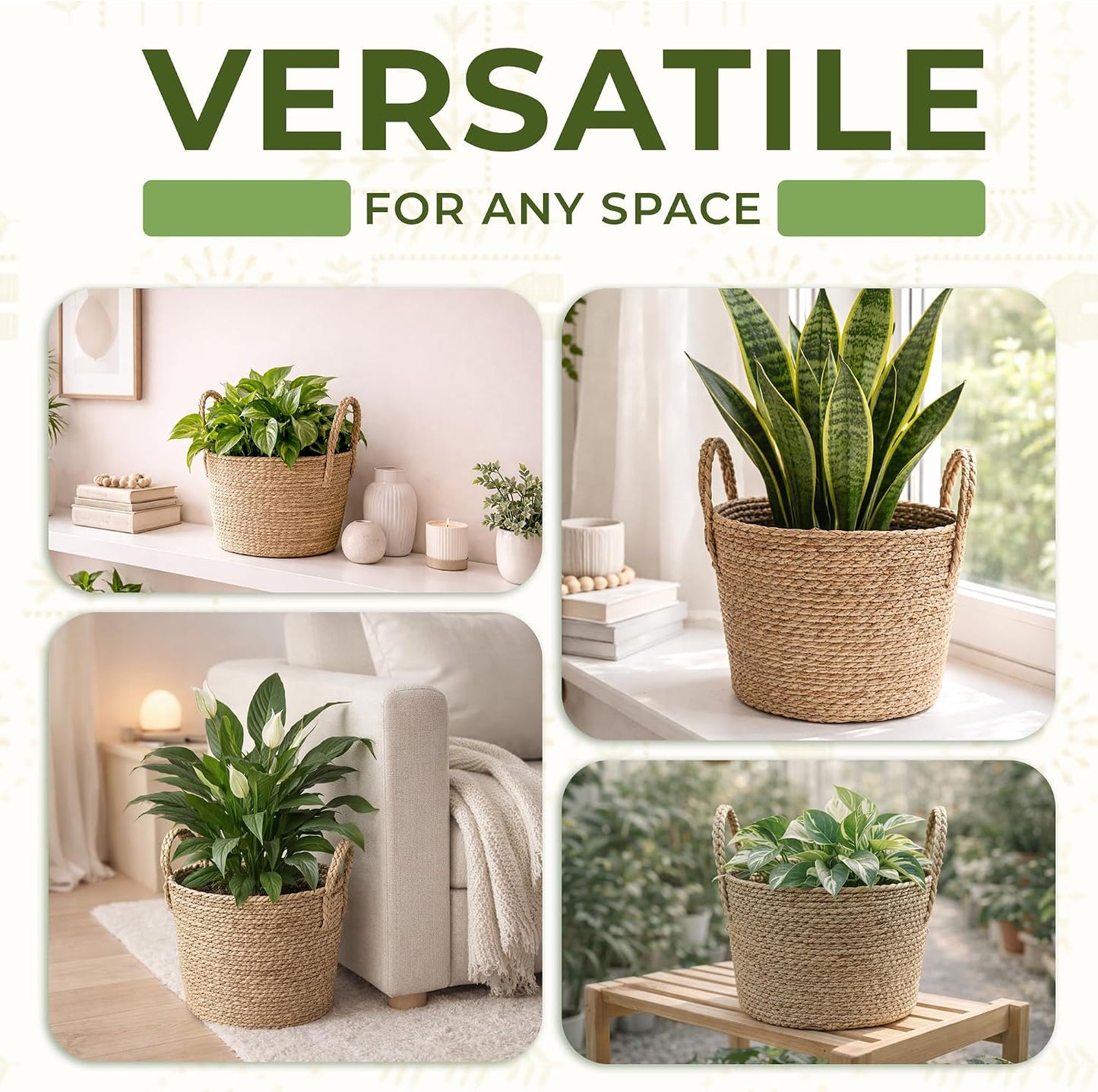 Woven Seagrass Planter Baskets / with Handles / Natural / Set of 2