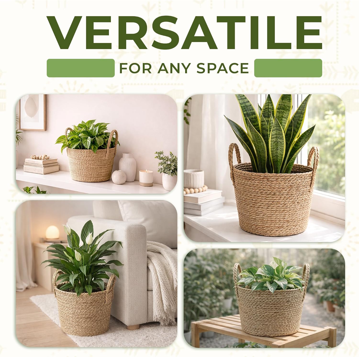 Woven Seagrass Planter Baskets / with Handles / Natural / Set of 2