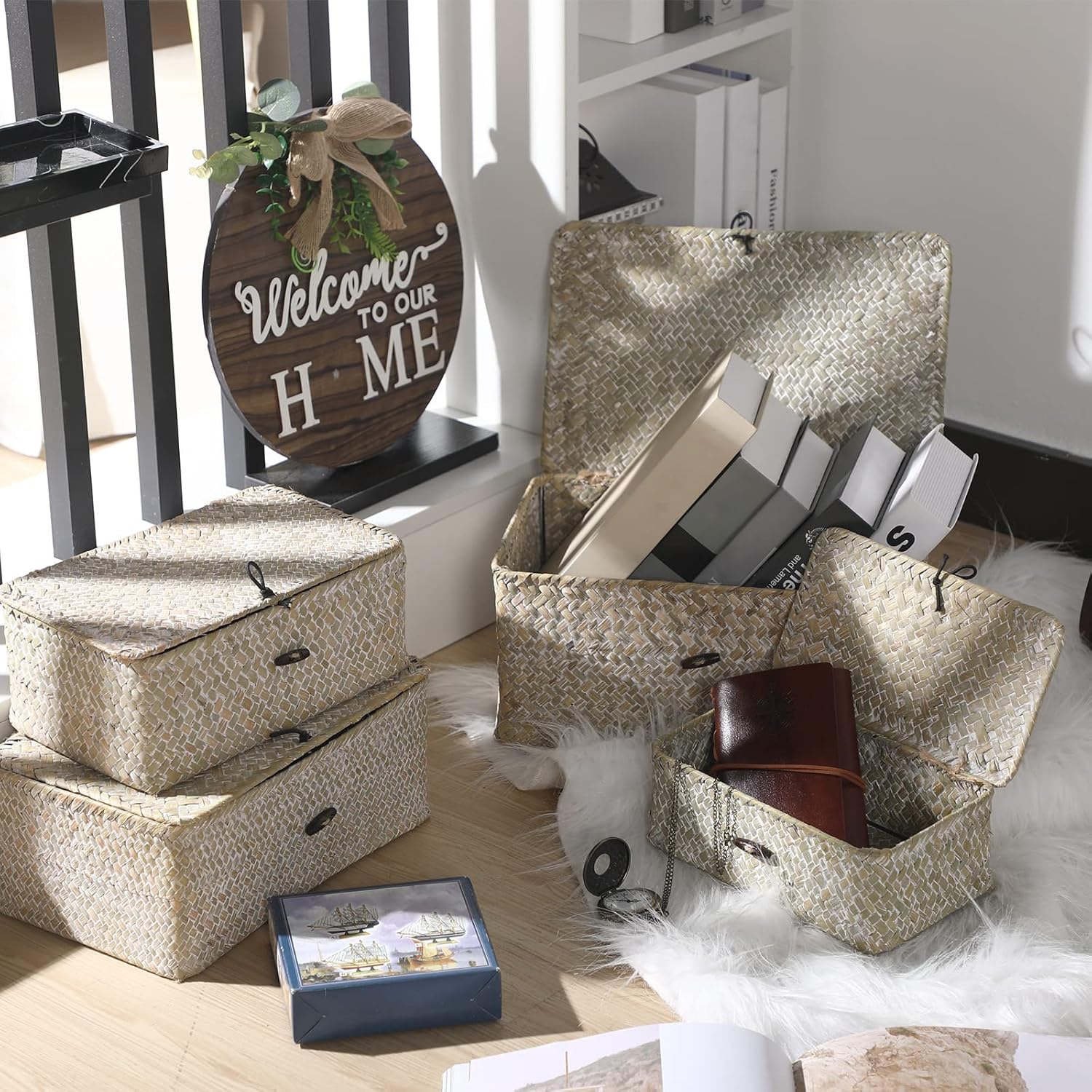 Wicker Baskets / Woven Rectangular Basket Bins / White / Set of 4