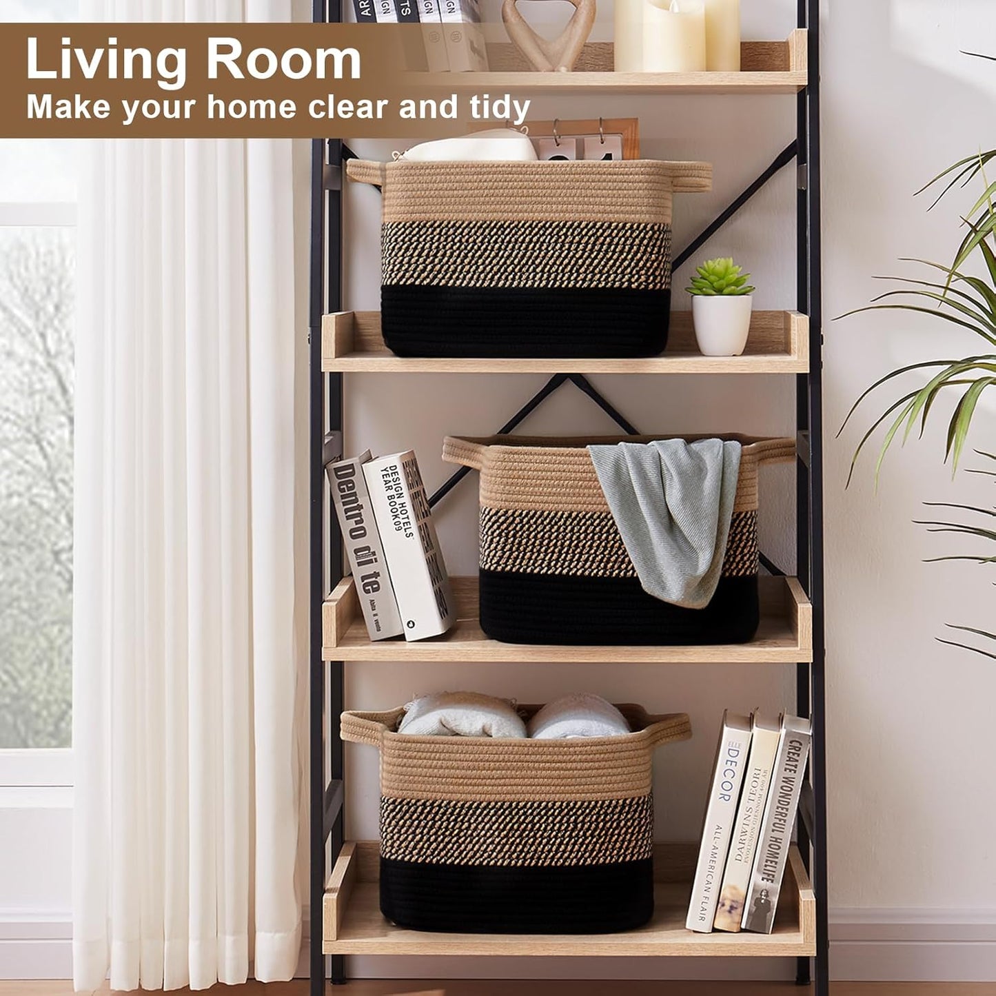 Woven Baskets for Storage / Black & Brown / 13 x 9.85 x 8.7