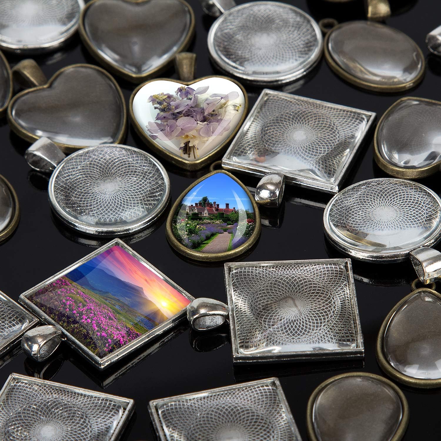 5 Styles Pendant Trays Round & Square & Heart & / Metal Pendant+ Bright Glass Cabochon / Set of 60