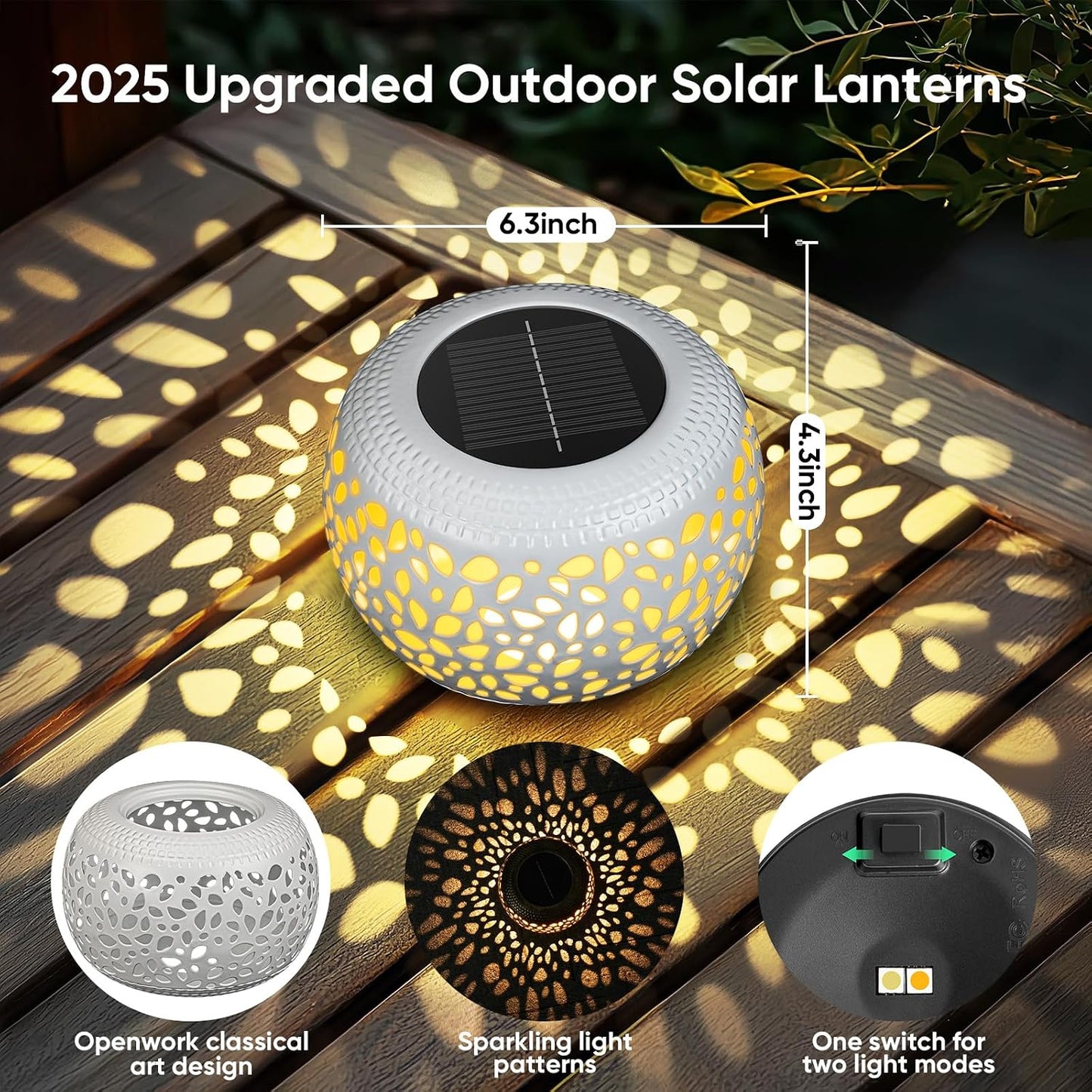 Solar Lanterns Outdoor Waterproof: 2 Pack White Cutout Metal Solar Lantern | 2 Lighting Colors, IP65 Auto On/Off