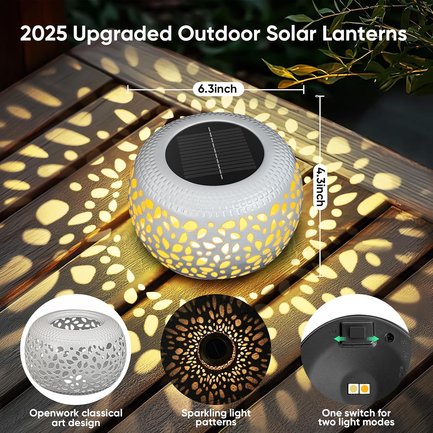 Solar Lanterns Outdoor Waterproof: 2 Pack White Cutout Metal Solar Lantern | 2 Lighting Colors, IP65 Auto On/Off