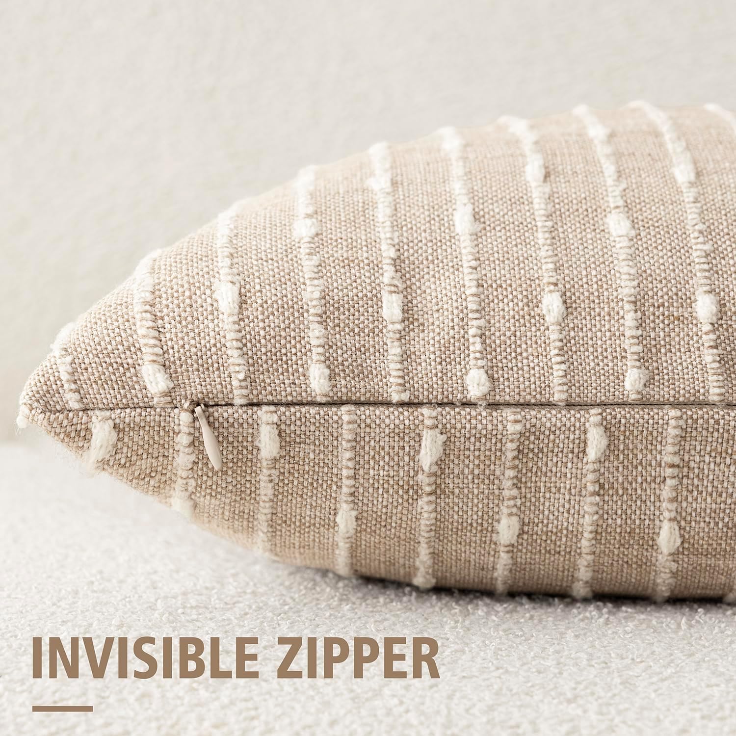 Decorative Jacquard Boucle Throw Pillow Covers Accent Textured / 18 x 18 / Natural Beige / Set of 2