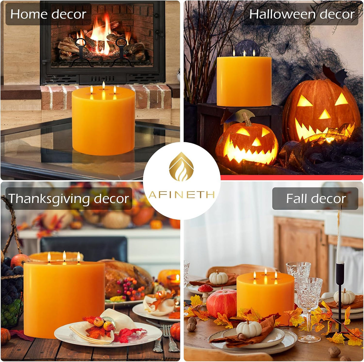 Orange Extra Large Flameless Candles, 6"x6" Battery Operated Candles with Remote, Real Wax Flickering LED Candles with