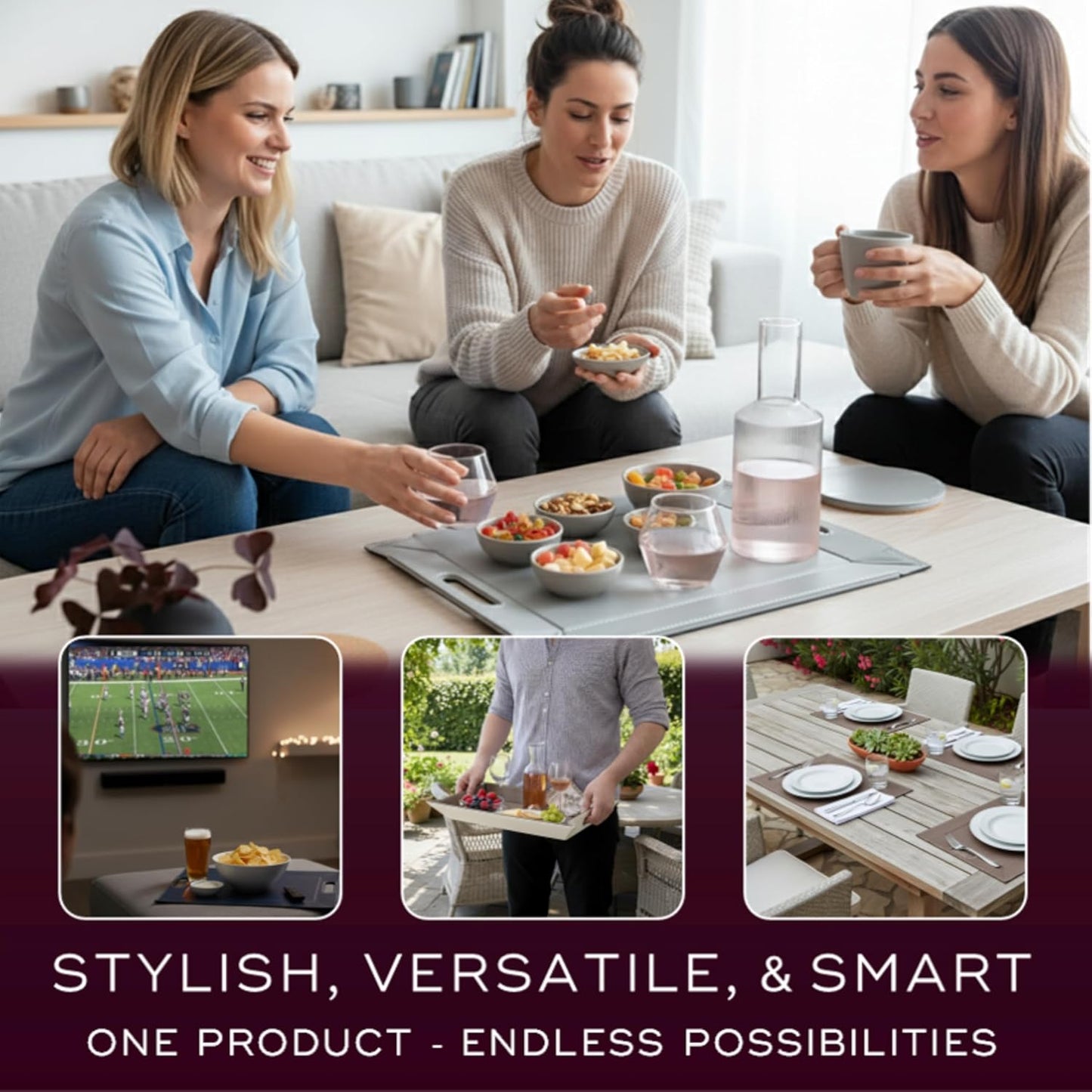 PLACEsMAT 2-in-1 Faux Leather Placemat & Serving Tray / Blue & Taupe / Set of 4