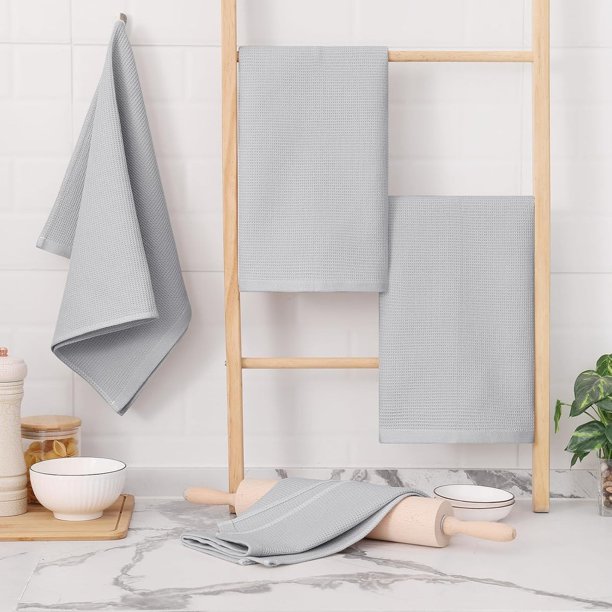 Homaxy 100% Cotton Waffle Weave Kitchen Towels, 12 Pack, Light Grey | Soft and Absorbent Dish Towels, 16 x 26 Inches