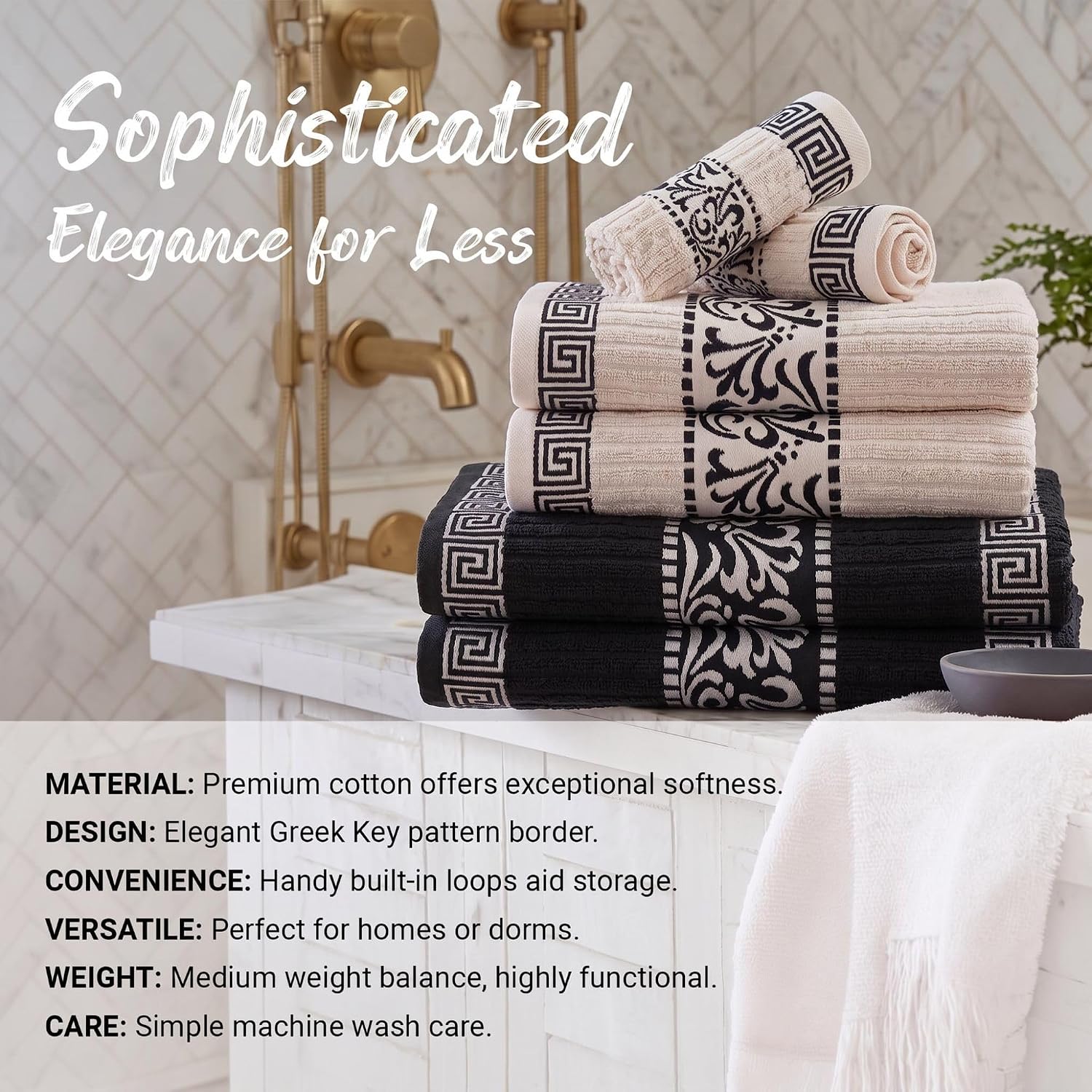 Superior 6-Piece Cotton Towel Set, Decorative Greek Pattern, Home Essentials, Absorbent Towels, Bathroom Decor, Spa
