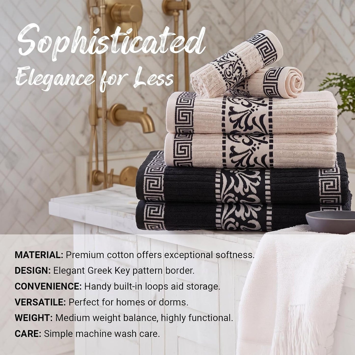 Superior 3-Piece Cotton Towel Set, Decorative Greek Pattern, Home Essentials, Absorbent Towels, Bathroom Decor, Spa