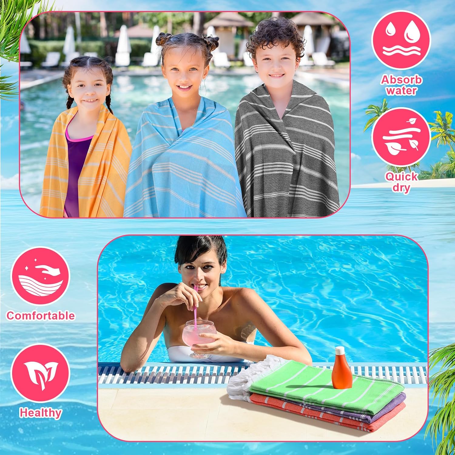 SmoothNovelty 12 Pcs Turkish Beach Towel 30 x 60 Inch Extra Large Lightweight Travel Towel Cotton Turkish Bath Towels
