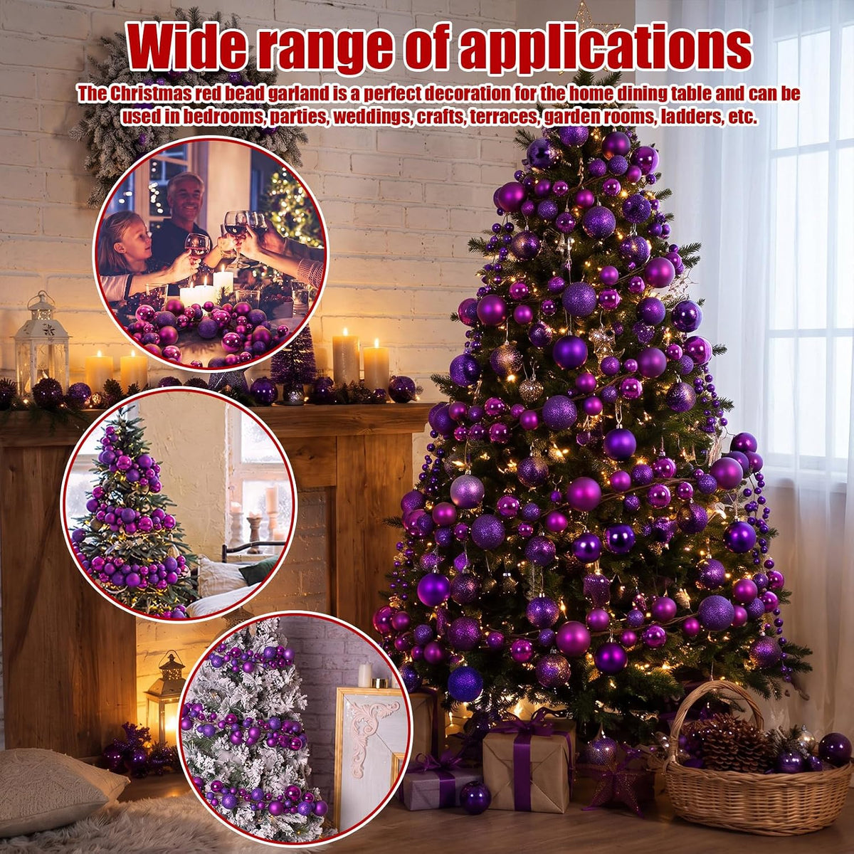2 Pcs 6 ft Christmas Ball Ornament Garland, Dark Purple | Bauble Bulb Christmas Tree Ball Decoration Shatterproof