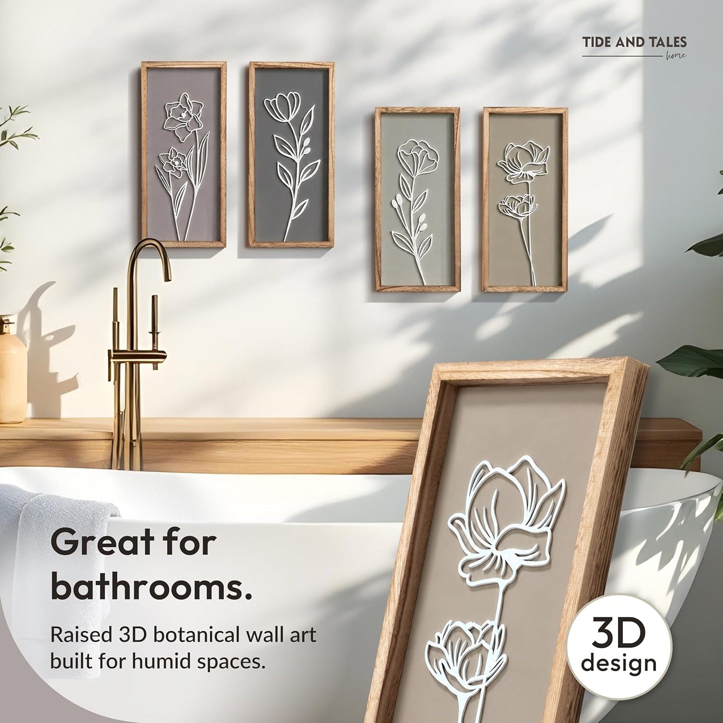 3D Wooden Floral Bathroom Wall Decor Lightweight / 7 x 16 / Naturals / Set of 4
