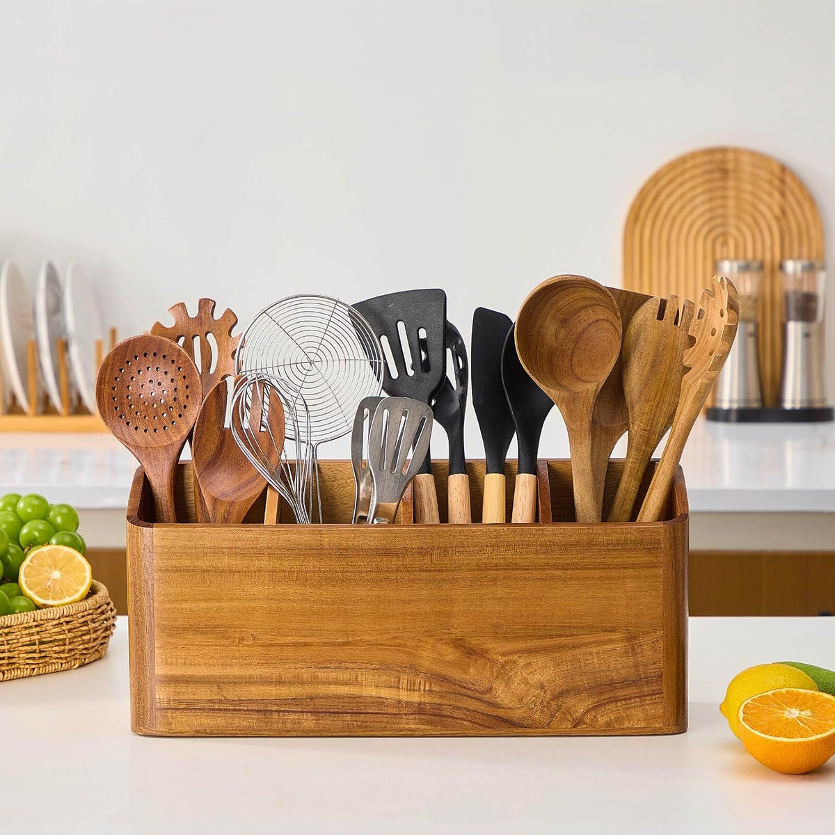 Wooden Utensil Holder for Kitchen Counter, Acacia Wood Kitchen Utensil Holder for Countertop with 4 Compartment