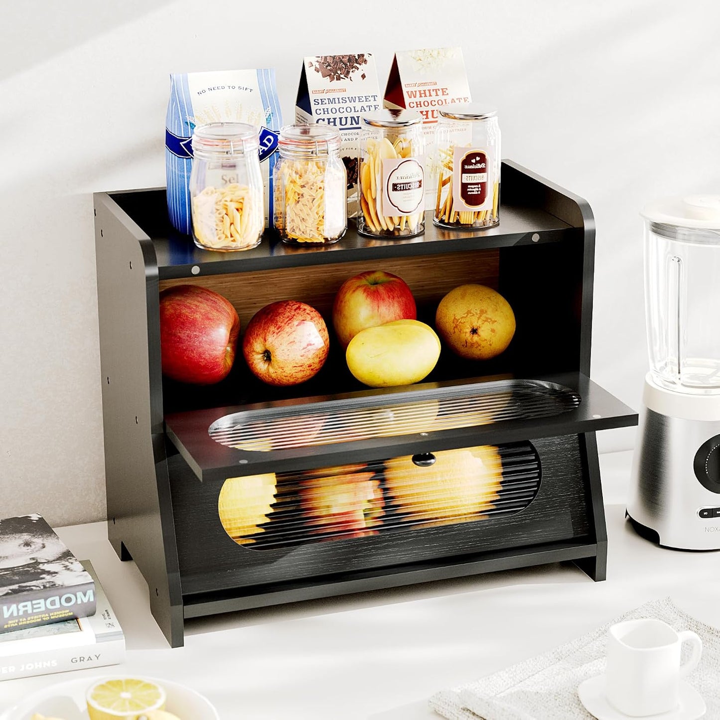 Bread Box,Extra Large 2-Tier Bamboo Bread Box for Kitchen Countertop,Bread Storage Container with Magnetic Acrylic Door