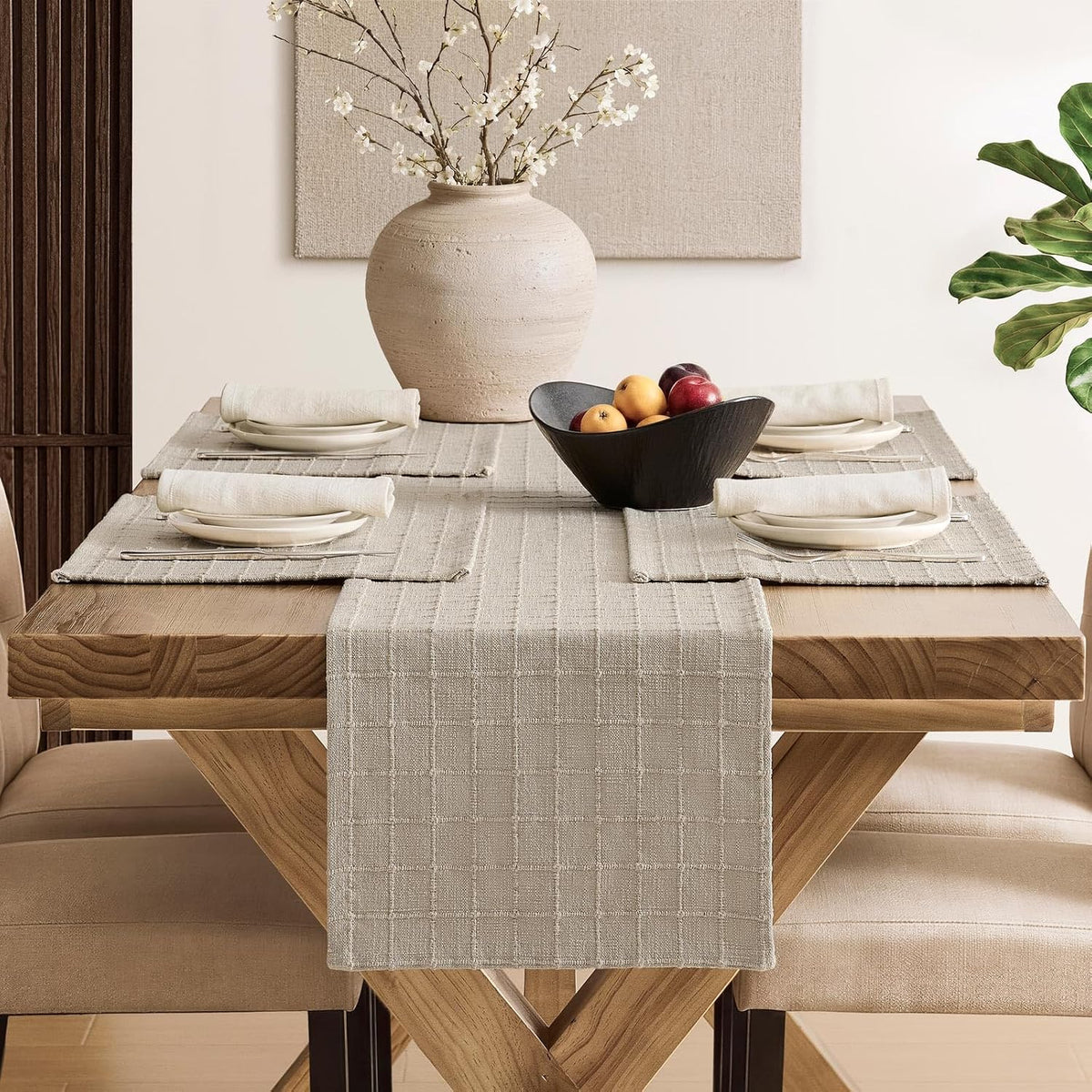 Artisanal Grid Decorative Linen Placemats Set of 6, Oatmeal | Thick Heavy Textured Washed Linen Place Mats 13×19in