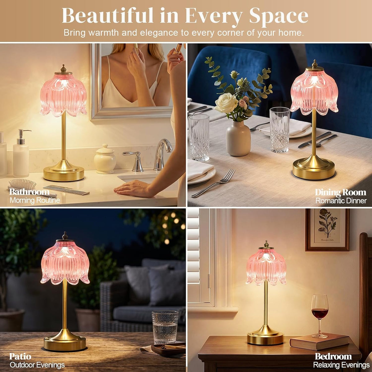 Pink Glass Flower Lamp, Rechargeable Cordless Table Lamp | Amber rechargeable lamp with 5200mAh battery, 3 color modes