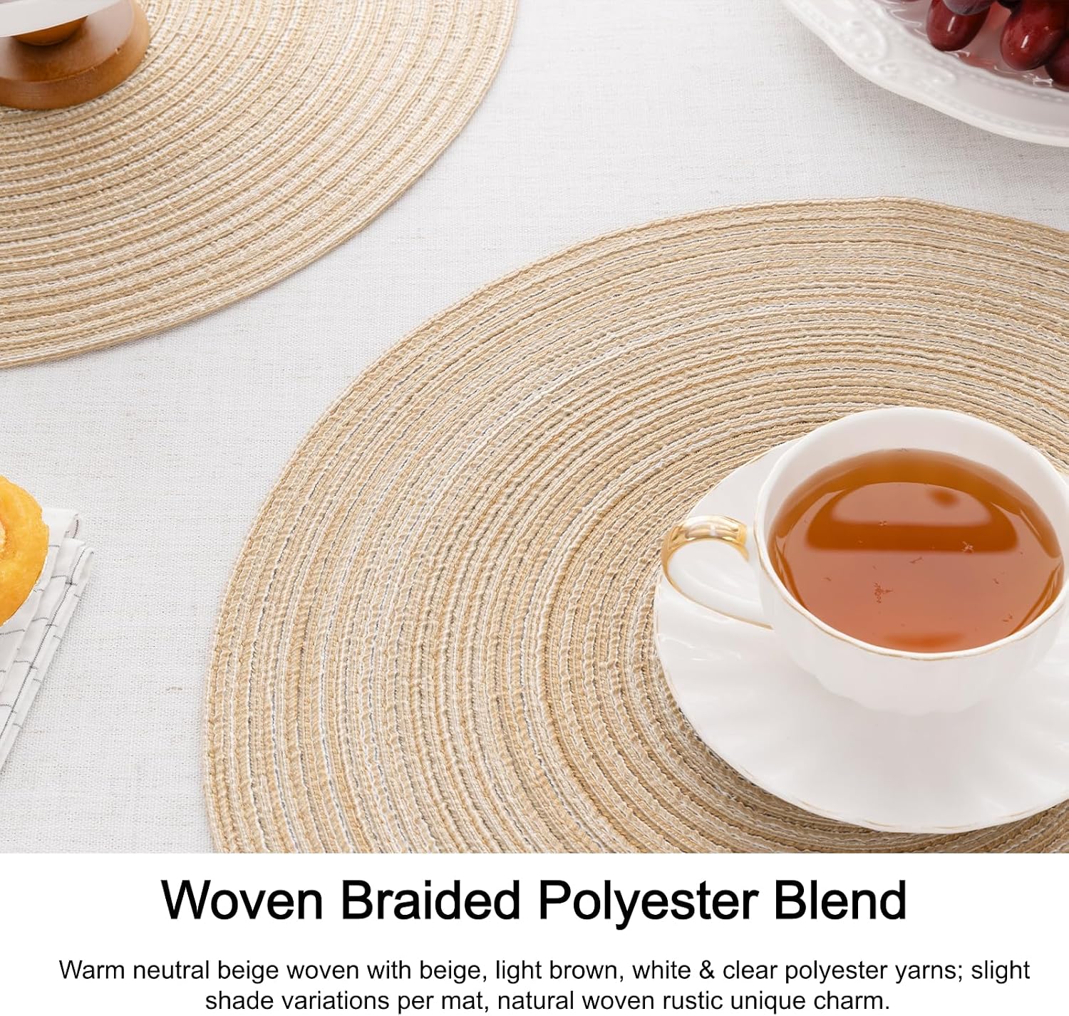 SHACOS Round Braided Placemats Set of 8 Cotton Fabric Round Table Mats Non Slip Washable 15 inch Round Place Mats Home