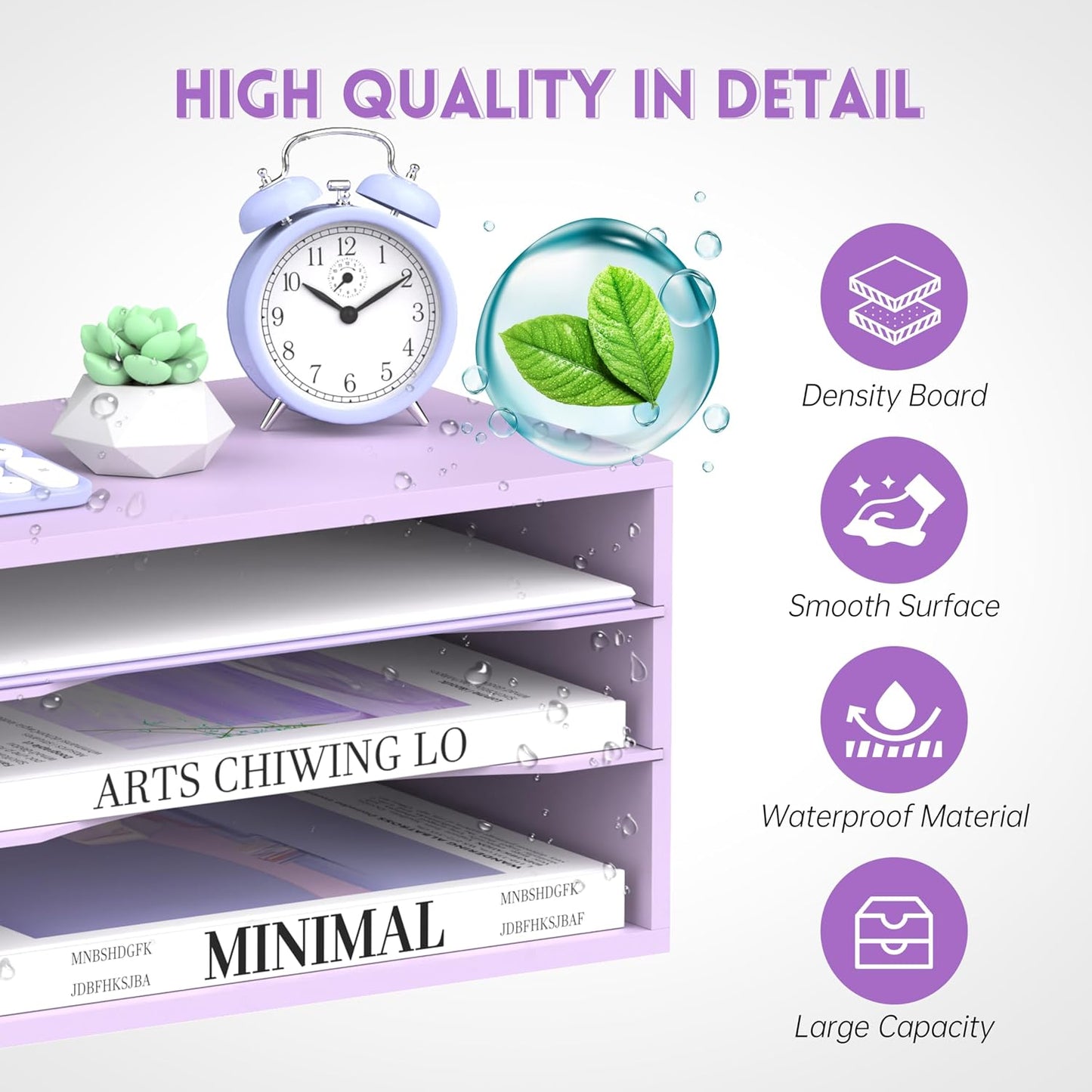 3 Tier Wood Desk Organizer, Paper Organizer for Desk, Purple | Wooden Desktop Organizer for Sorting Papers, Letters and