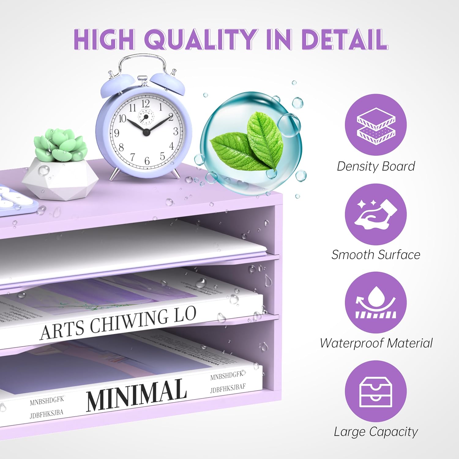 3 Tier Wood Desk Organizer, Paper Organizer for Desk, Purple | Wooden Desktop Organizer for Sorting Papers, Letters and