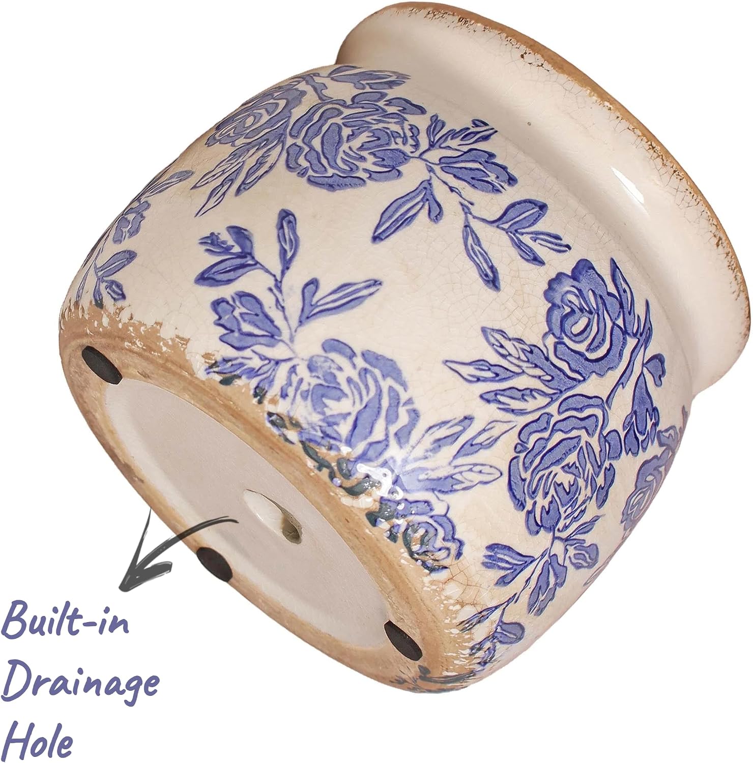 Rustic Farmhouse Planter / Blue & White Chinoiserie Floral / 6.29 Inch