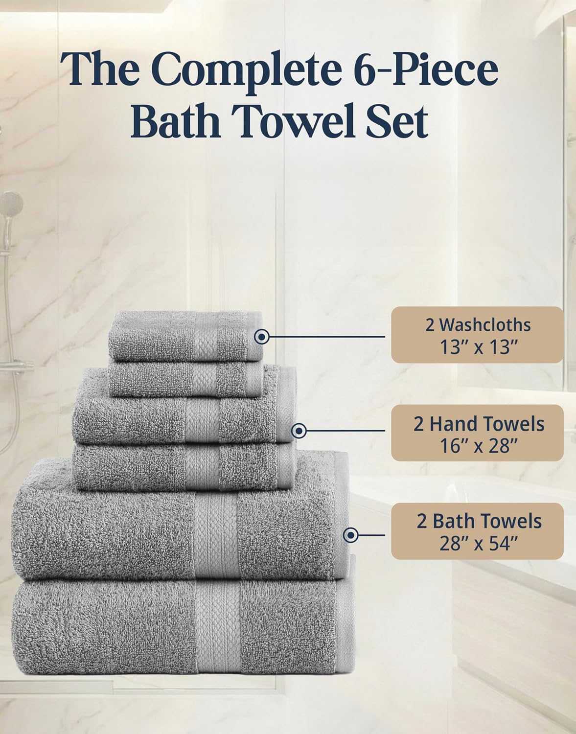 LANE LINEN Towel Set for Bathroom 6 Piece Soft Absorbent Quick Dry - Grey | Towels And Washcloths Sets - Oversized &