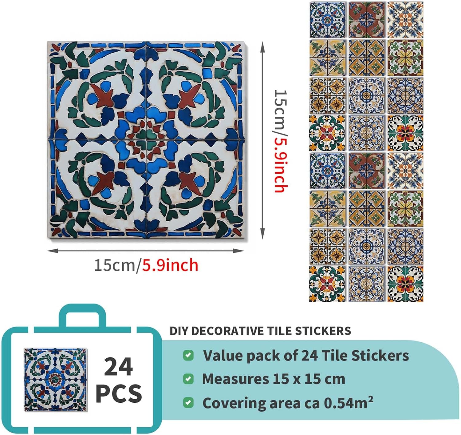 in Back Stickers Suitable / Art Moroccan Tile / 5.9 x 5.9 / Set of 24