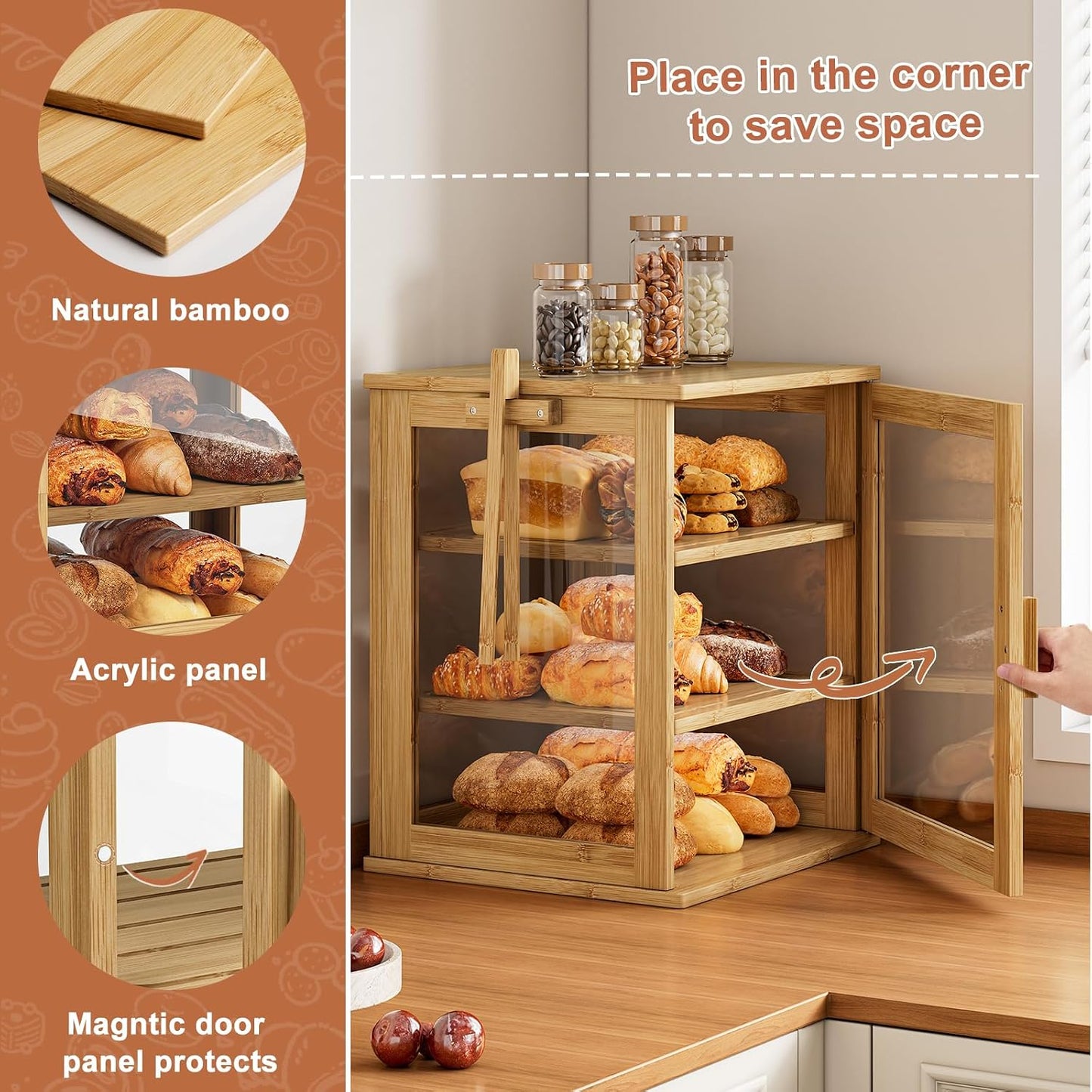 WOWLIVE Bread Box for Kitchen Countertop, 3 Layers Bread Storage Container | Large Bamboo Bread Bin for Homemade Bread