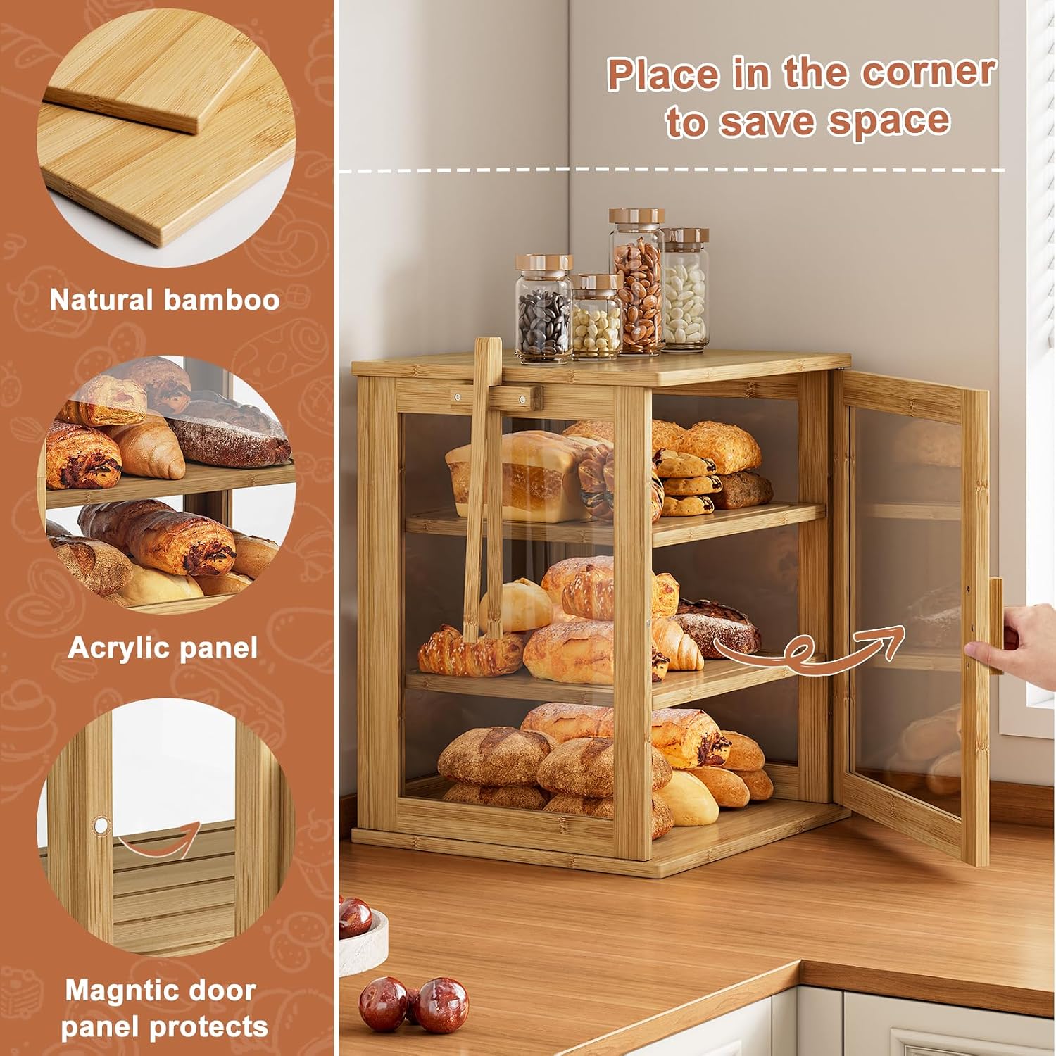 WOWLIVE Bread Box for Kitchen Countertop, 3 Layers Bread Storage Container | Large Bamboo Bread Bin for Homemade Bread