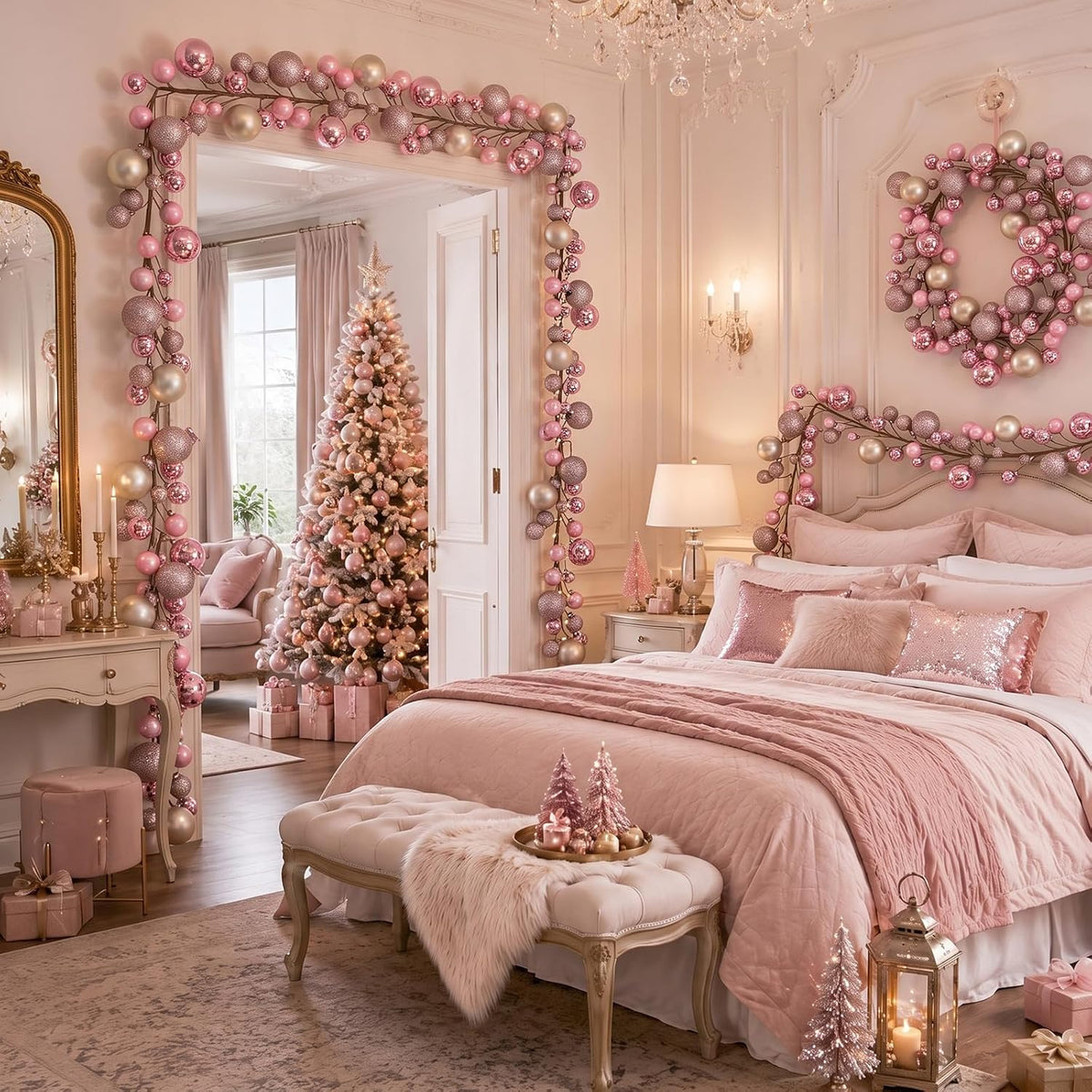 2 Pcs 6 ft Christmas Ball Ornament Garland, Pink, Champagne Gold | Bauble Bulb Christmas Tree Ball Decoration