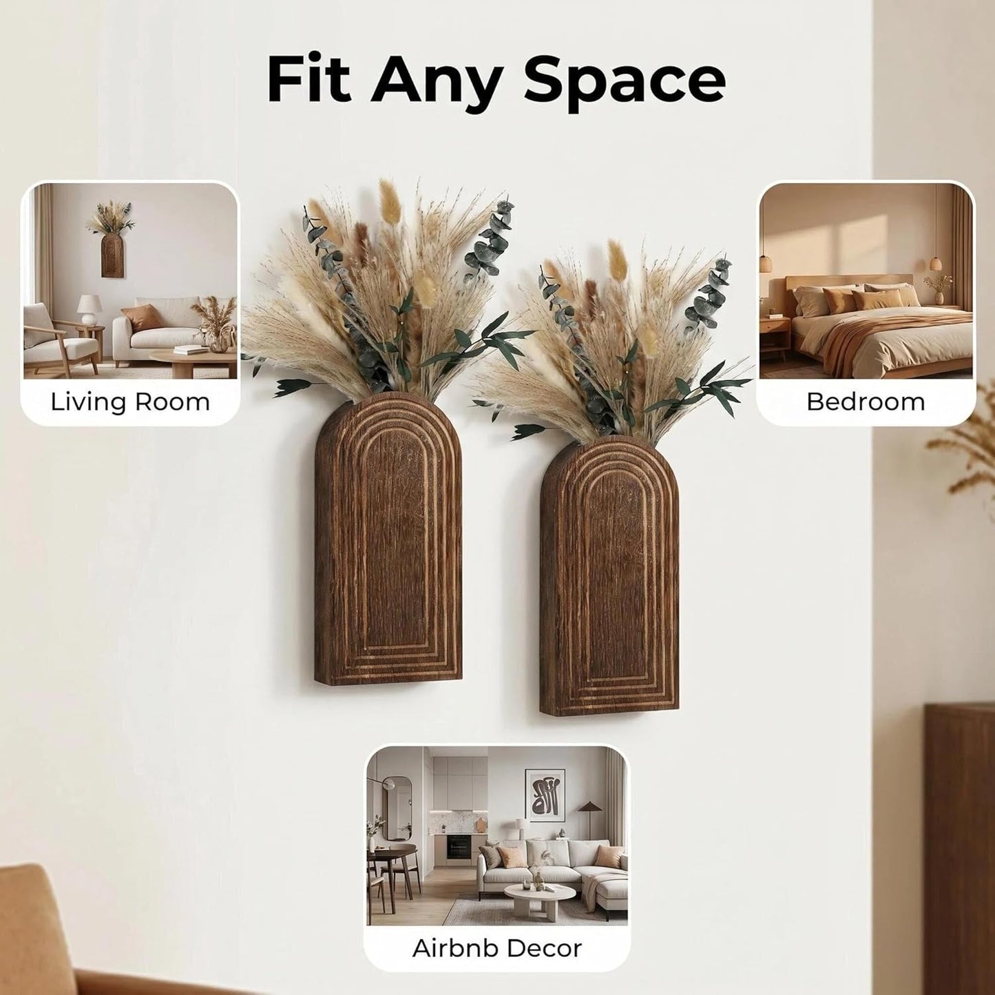 Wooden Wall Vases / Darkbrown+dried Flowers / 2 PC / Set of 2