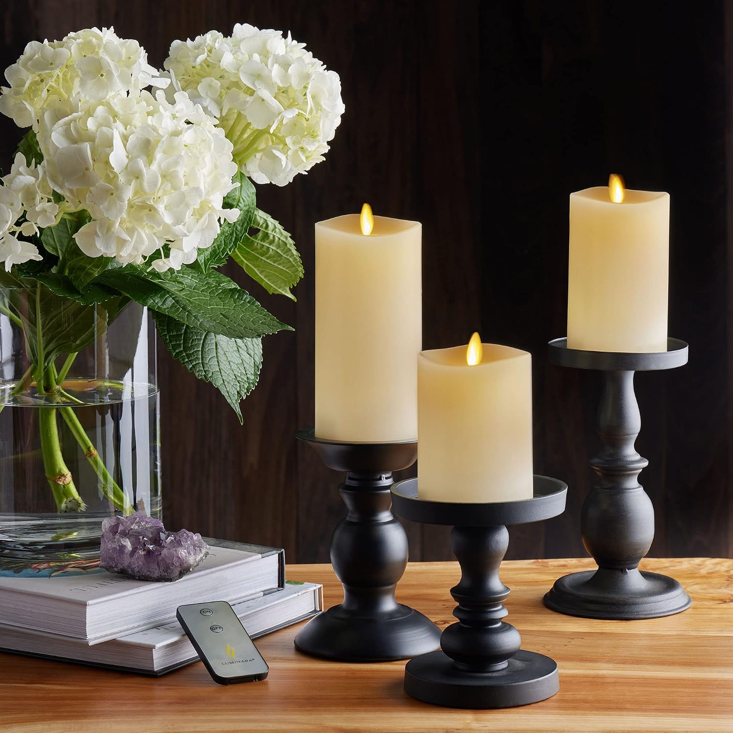 Luminara Realistic Flameless LED Set of 3 Ivory Pillar Candles, Home Safe Moving Flame Melted Top Illumination, Battery