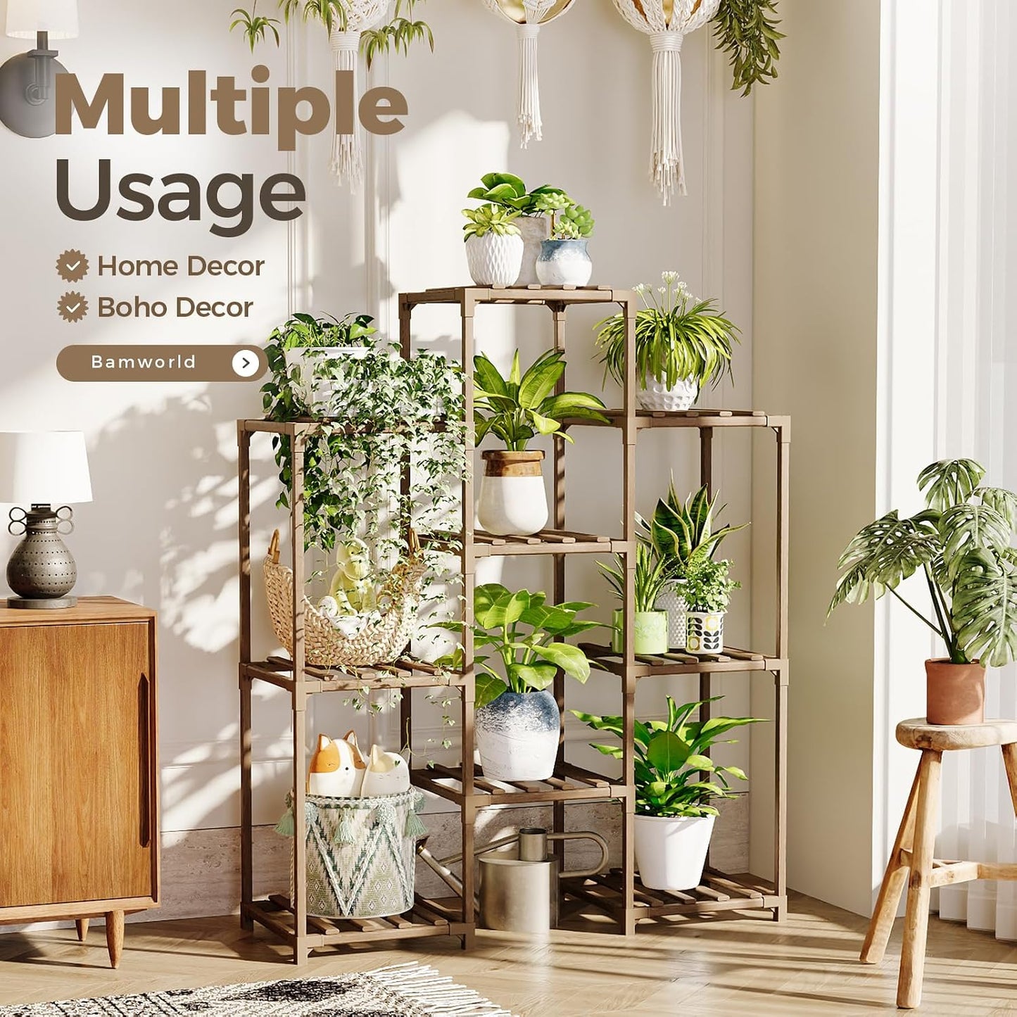 Bamworld Plant Stand Indoor Plants Shelf Outdoor Wood Plant Rack | for 4 Tiers Large Flower Stand for Multiple Plants