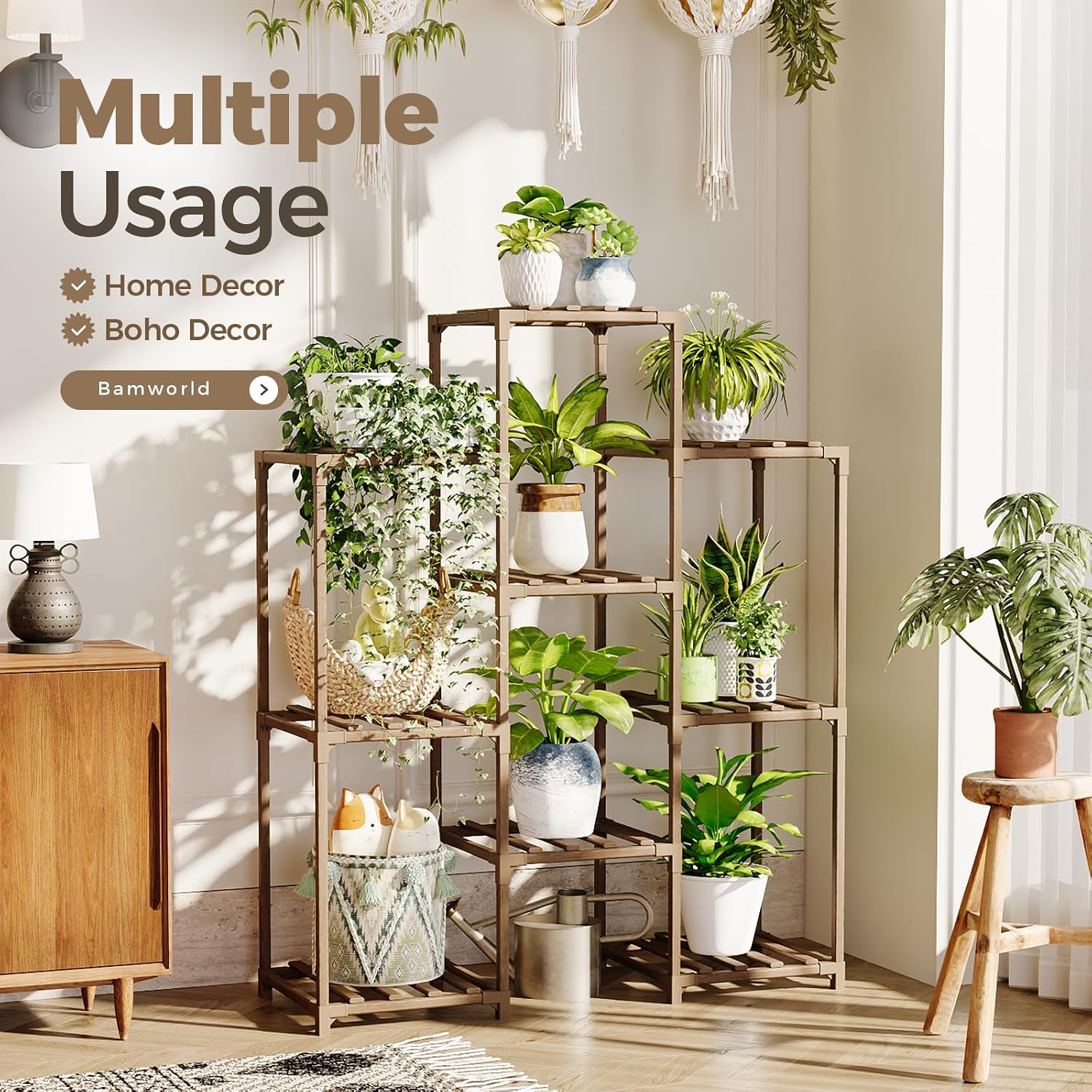 Bamworld Plant Stand Indoor Plants Shelf Outdoor Wood Plant Rack | for 4 Tiers Large Flower Stand for Multiple Plants