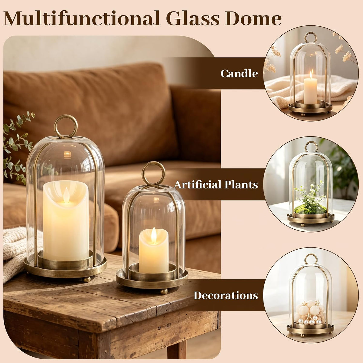 Glass Hurricane Candle Holder Decorative Gold Candle Lantern | Pillar Candlestick Holders Set of 2, Hanging Metal
