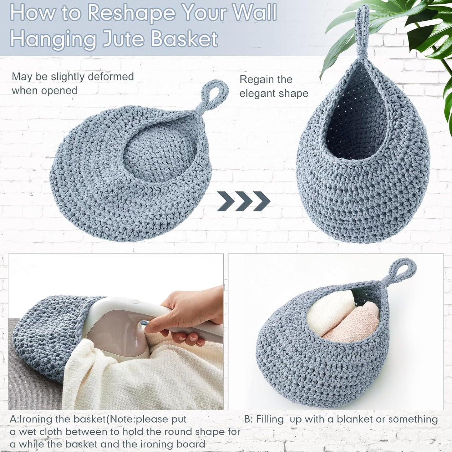 Boho Decor Hanging Wall Baskets / Light Blue / Cotton Rope / Teardrop / Set of 3