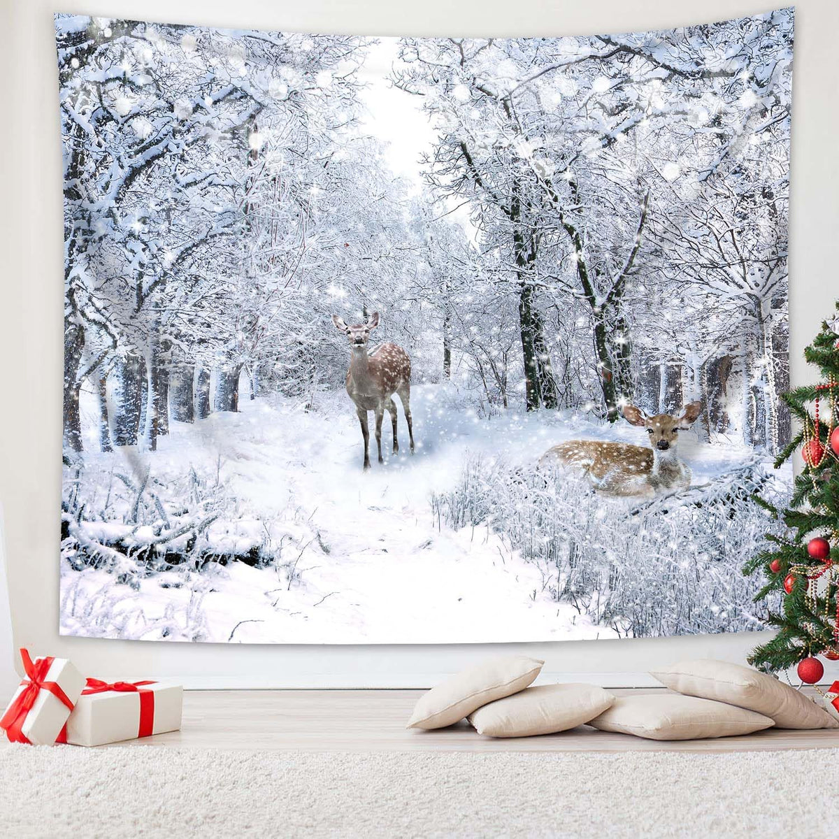 QGHOT Winter Tapestry Wall Hanging, Snow Scene Backdrop Winter Wonderland Wall Decor Snowy Forest Wall Art Nature Woodland Deer Tapestry for Bedroom Room Dorm Party Decoration, Large