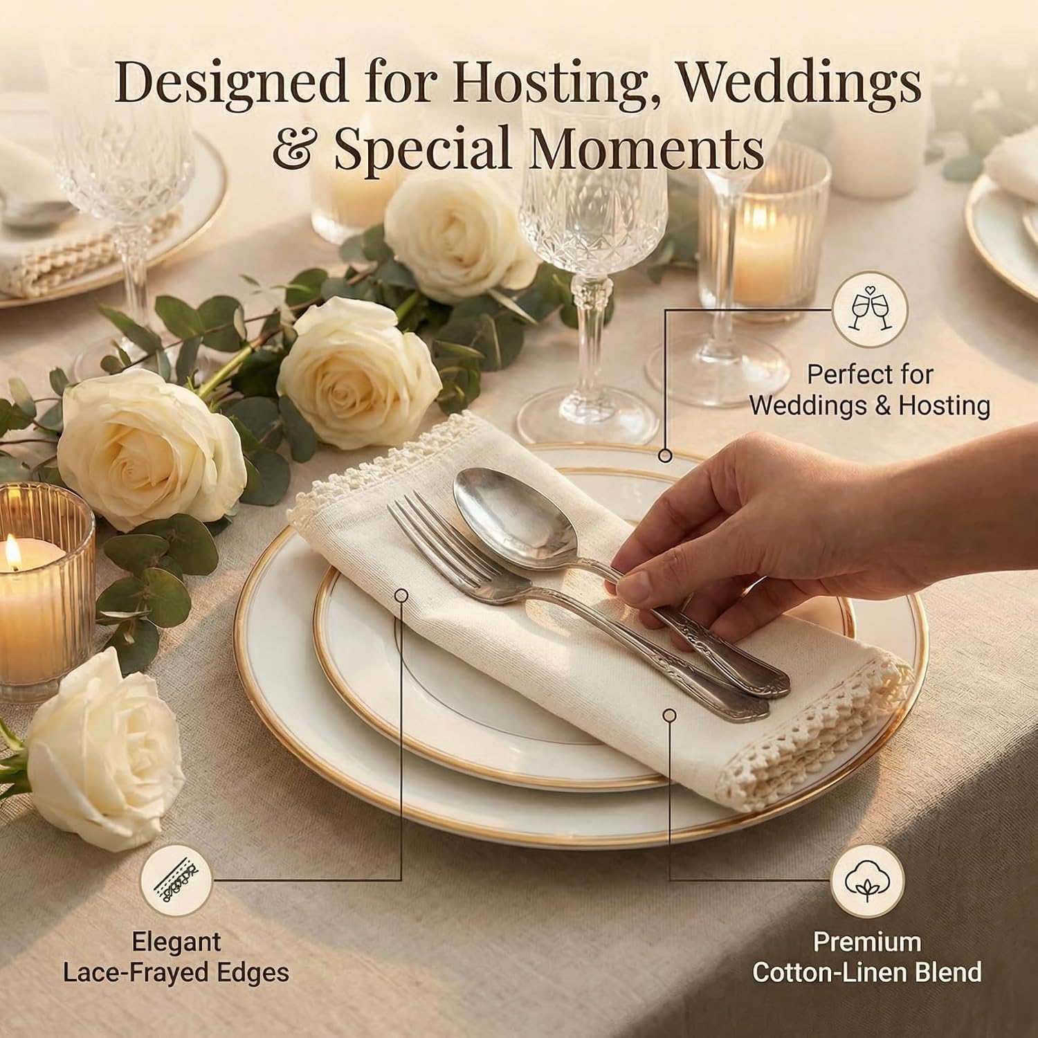 ACCENTHOME Cream Cloth Napkins Set of 12 18x18 inch Cotton Dinner Napkins - Washable Soft Premium Hotel Quality