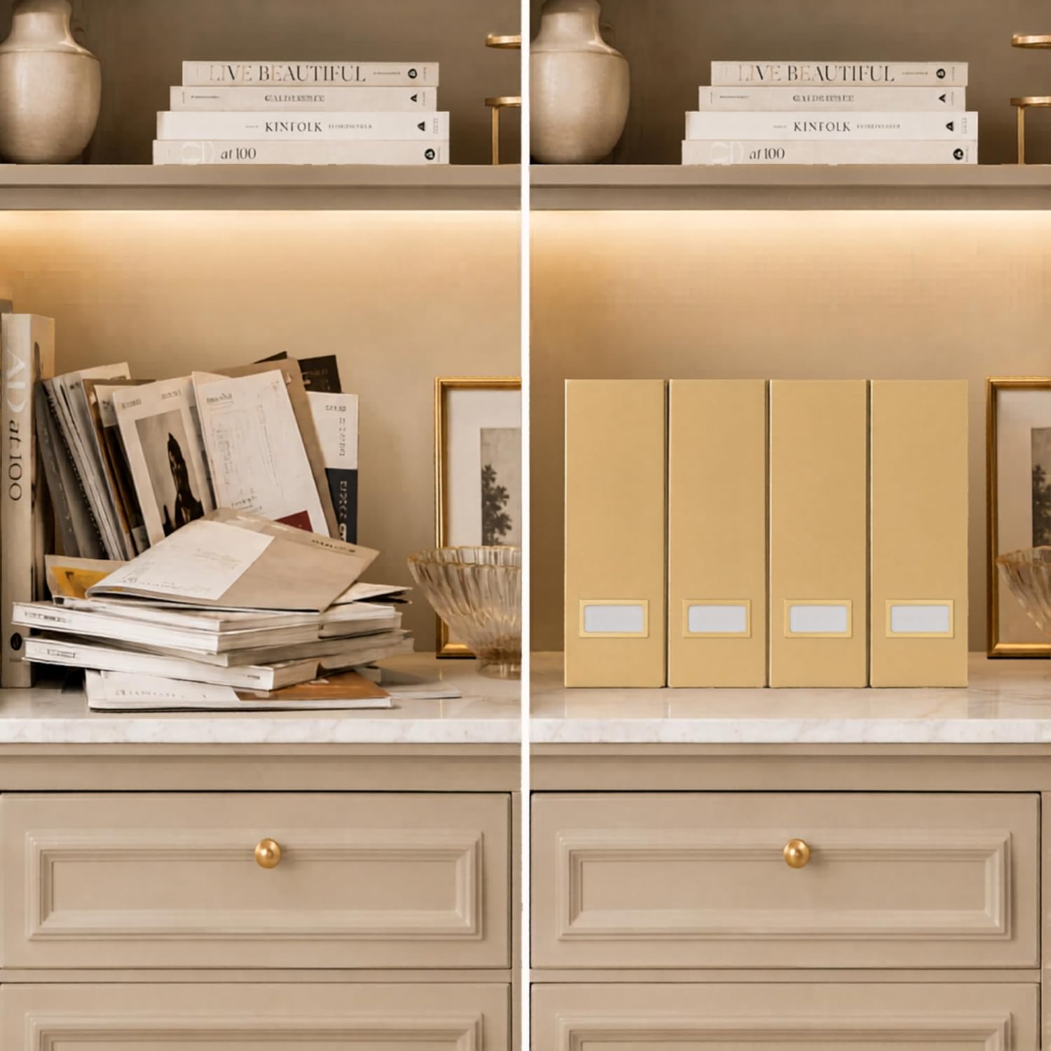 BLU MONACO | Gold Cardboard Magazine File Holder Set of 4 | Vertical Magazine File Holder for Shelves | Standing File