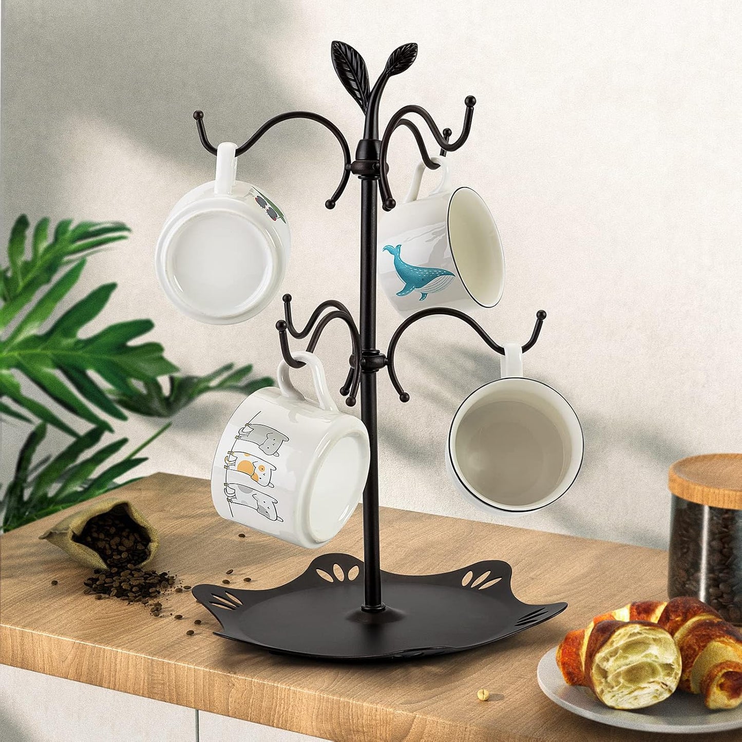 Coffee Mug Holder for Large Mugs, Mug Tree for Counter, Cup Holder for Countertop, Mug Rack with Tray, Metal Mug Tree