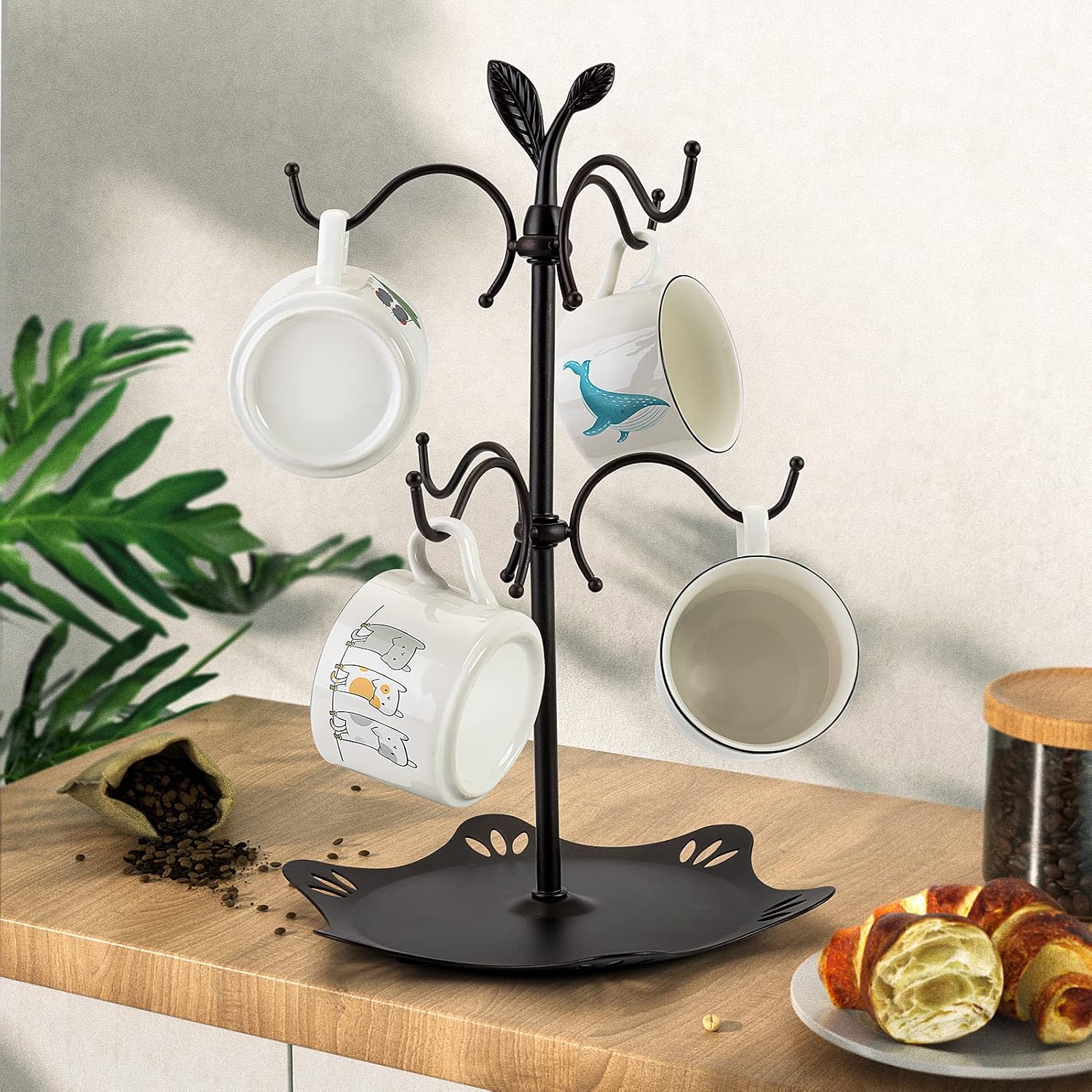 Coffee Mug Holder for Large Mugs, Mug Tree for Counter, Cup Holder for Countertop, Mug Rack with Tray, Metal Mug Tree