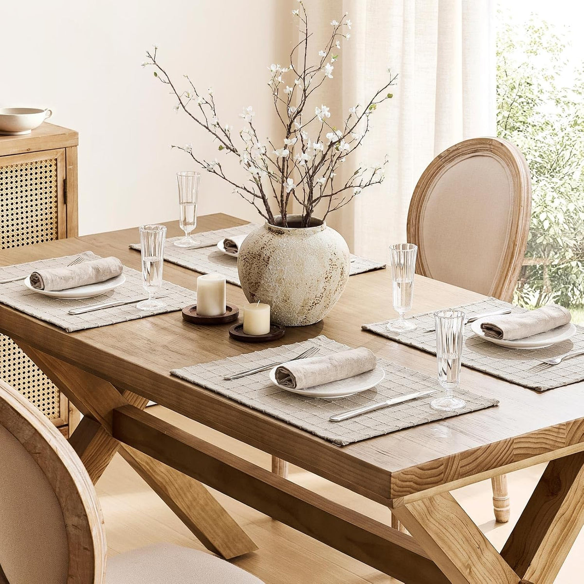 Artisanal Grid Decorative Linen Placemats Set of 6, Neutral Beige | Thick Heavy Textured Washed Linen Place Mats