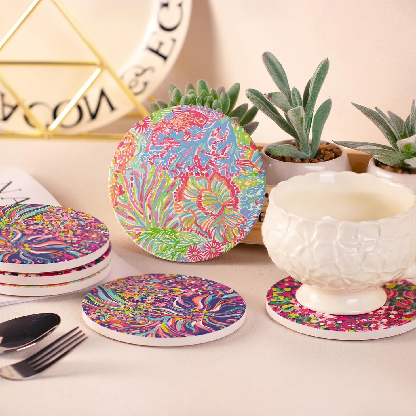 Absorbent Ceramic Coaster / 4 Inch / Set of 6