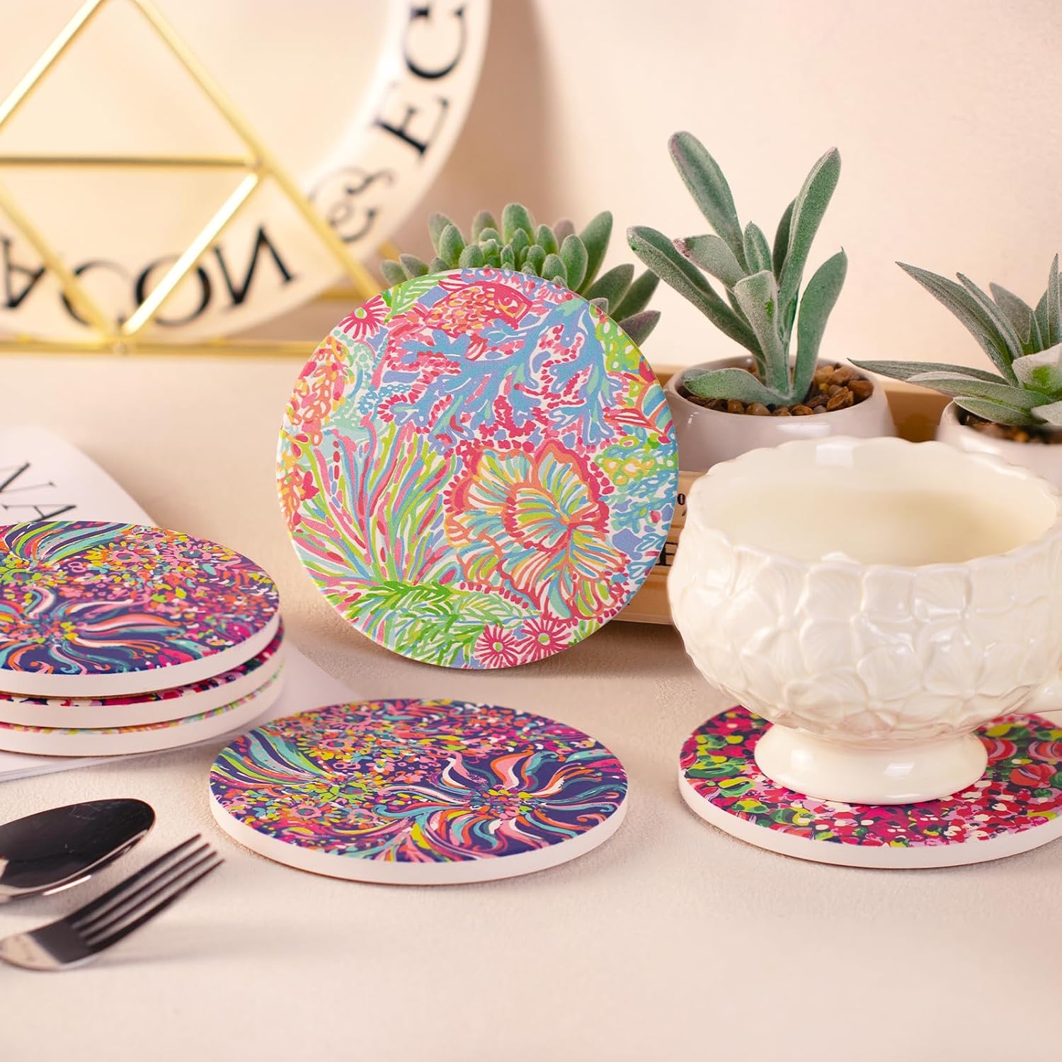 Absorbent Ceramic Coaster / 4 Inch / Set of 6