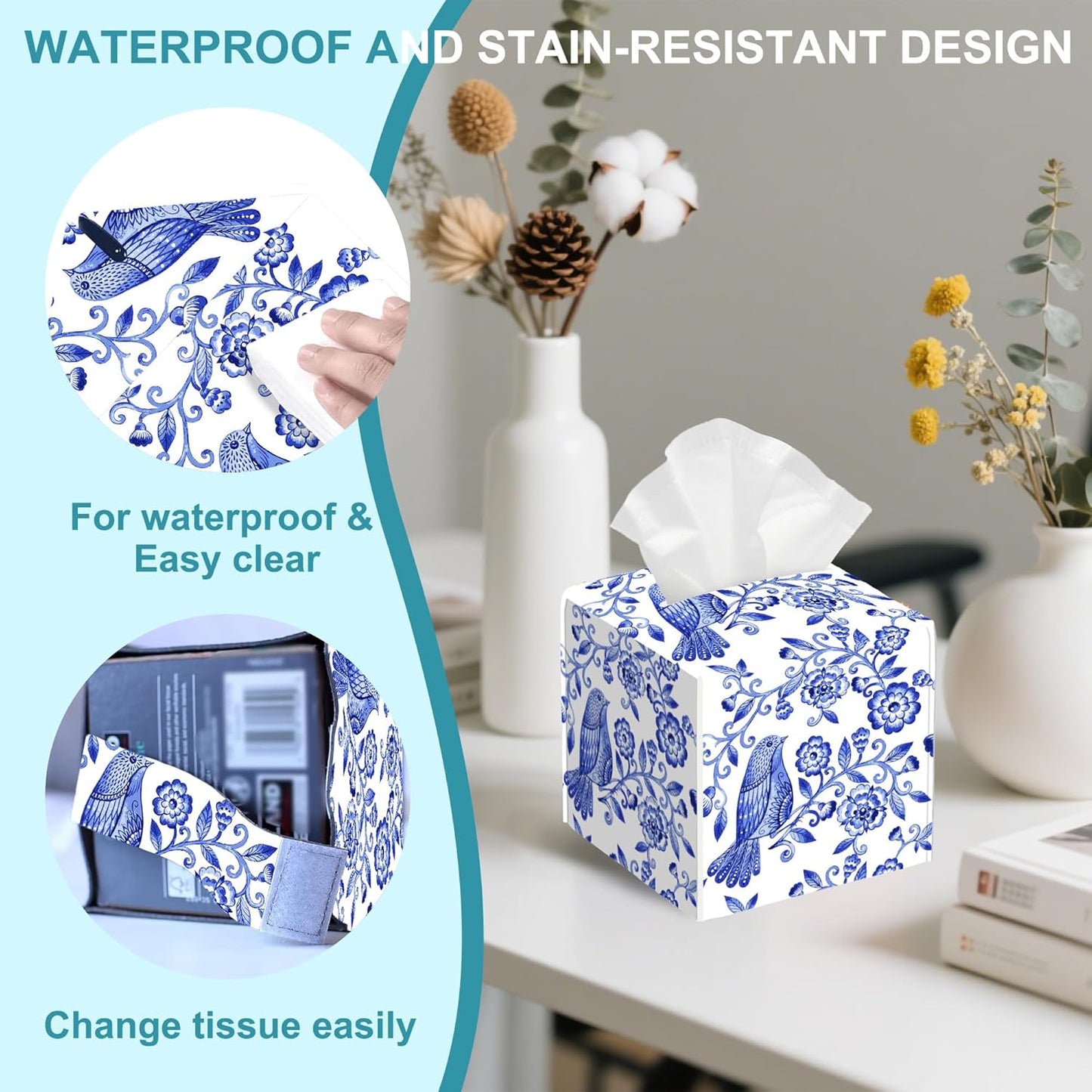 Leather Tissue Holder / Watercolor Floral / Blue