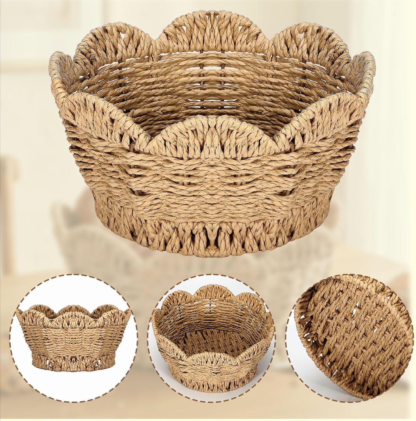 Scalloped Woven Basket Large Coastal Hand-woven Round Tabletop Organizer for Fruit Bread Kitchen